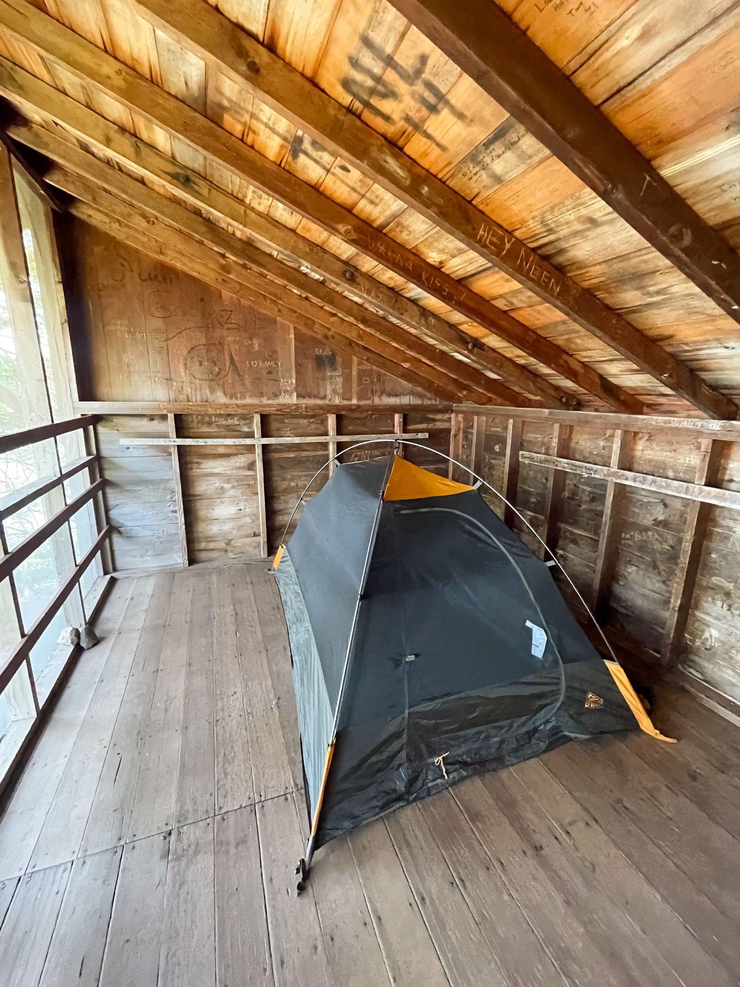 A tent set up inside a shelter in Isle Royale