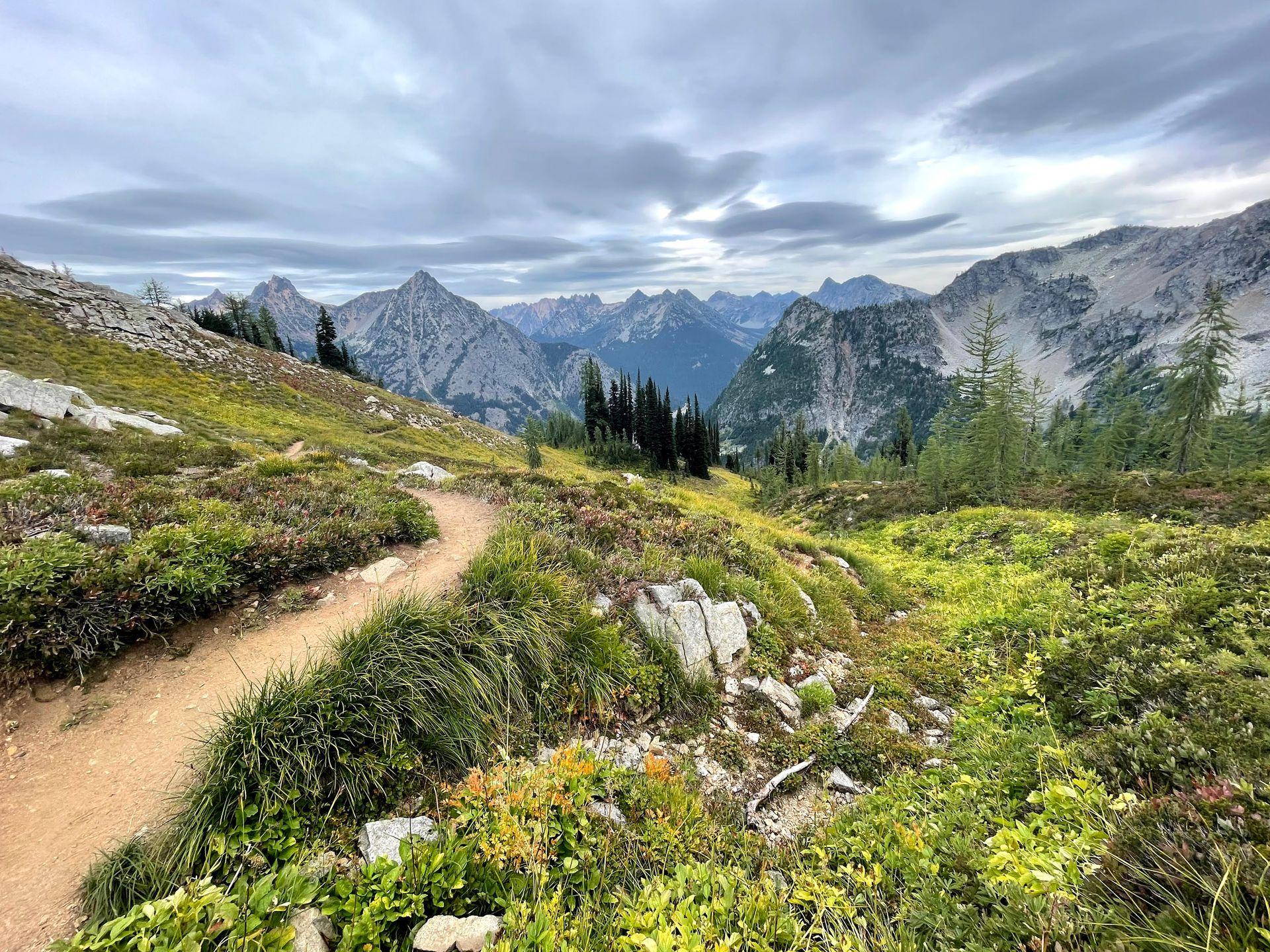A view of mountains, greenery and a trail in North Cascades National Park in Washington.