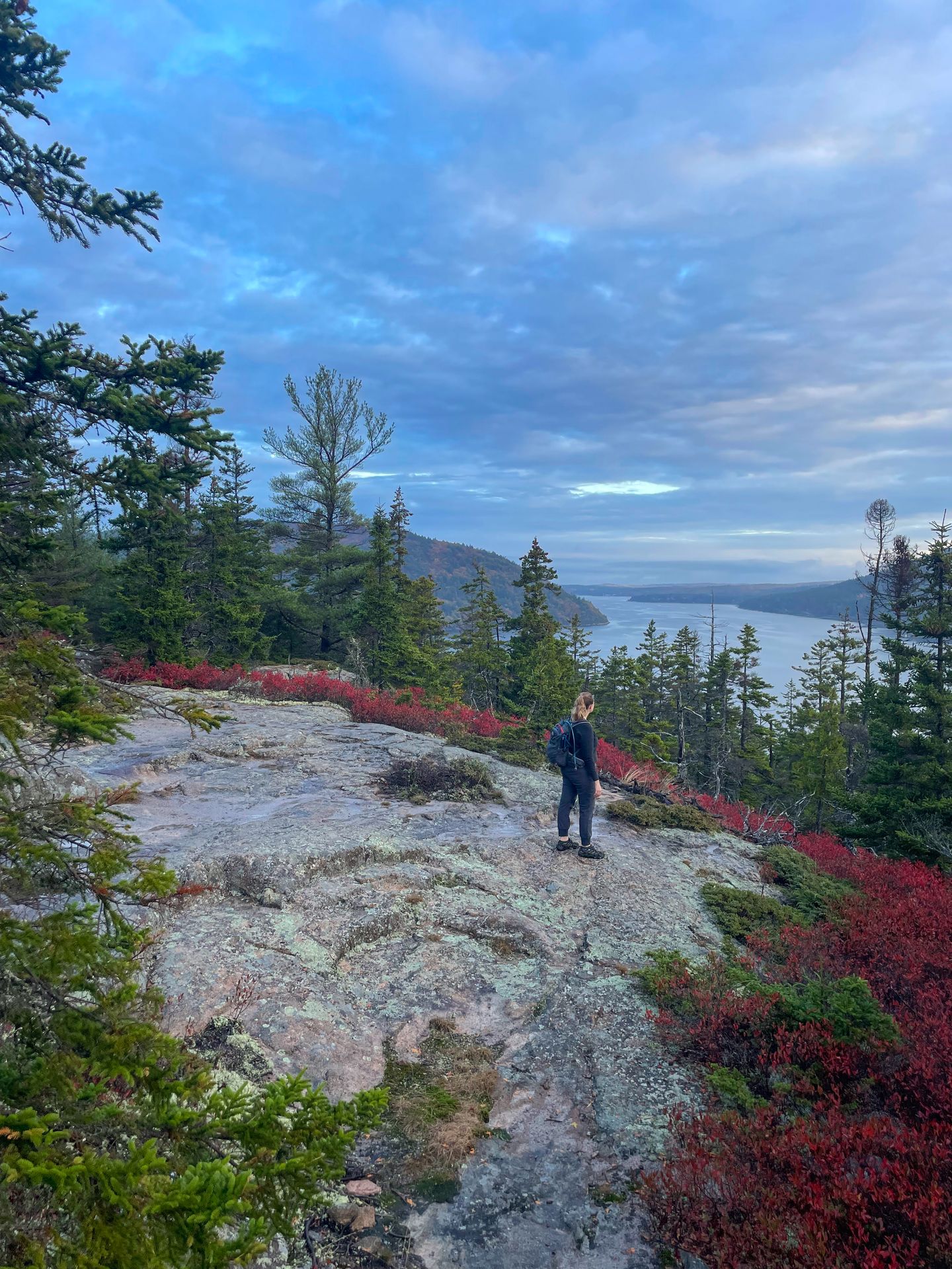 Lydia standing on a rock and looking towards a lake on the Flying Mountain Trail. There is some red foliage on the rock.