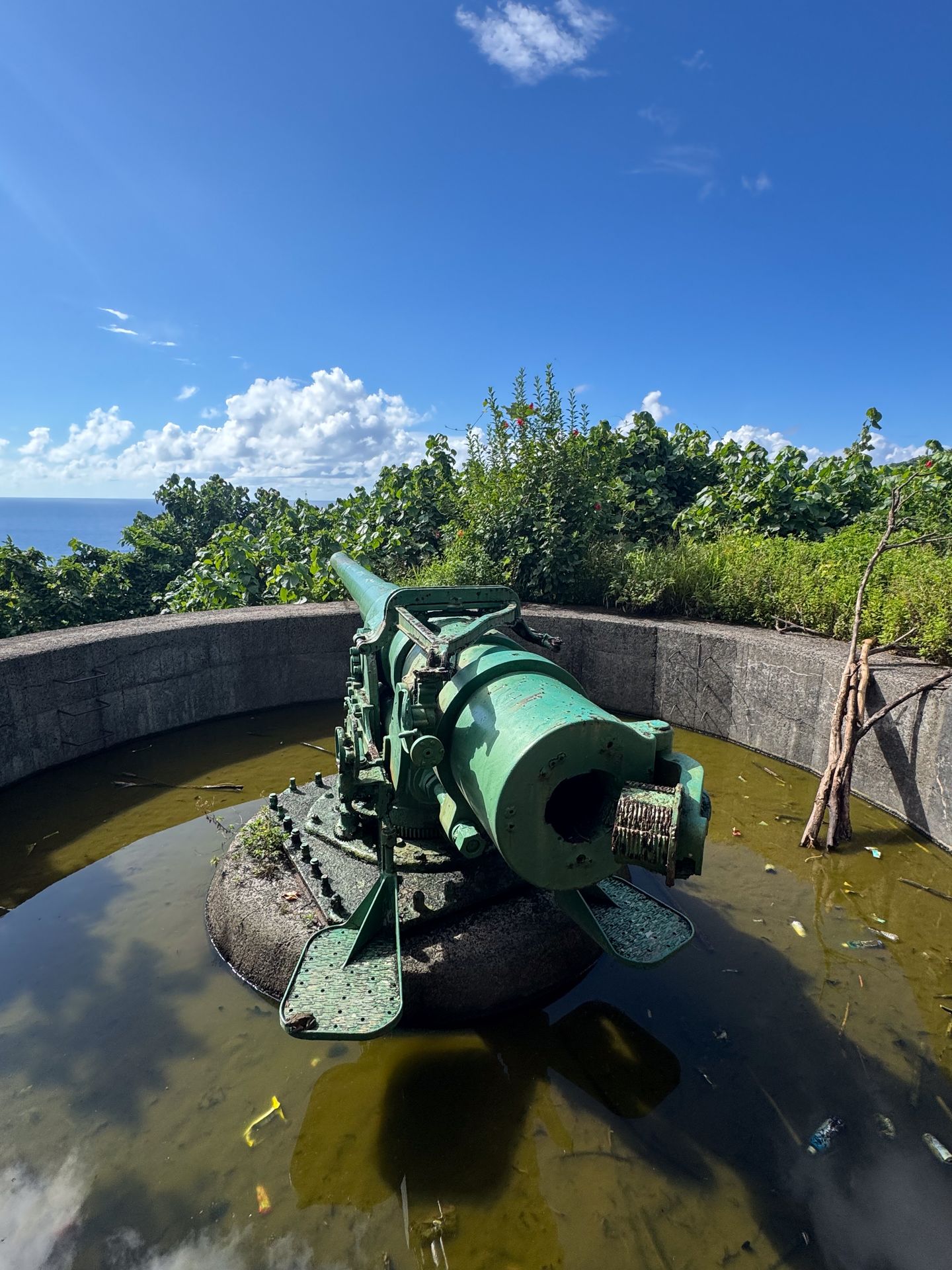 A green cannon centered in a round, concrete base
