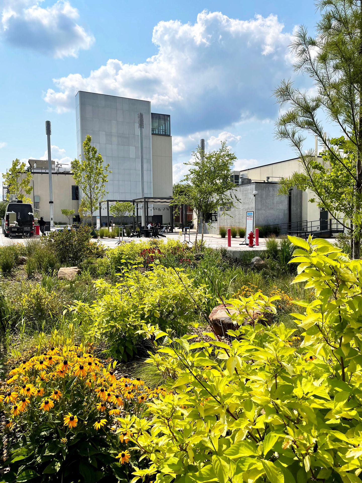 An area of greenery and flowers with The Momentary in the background