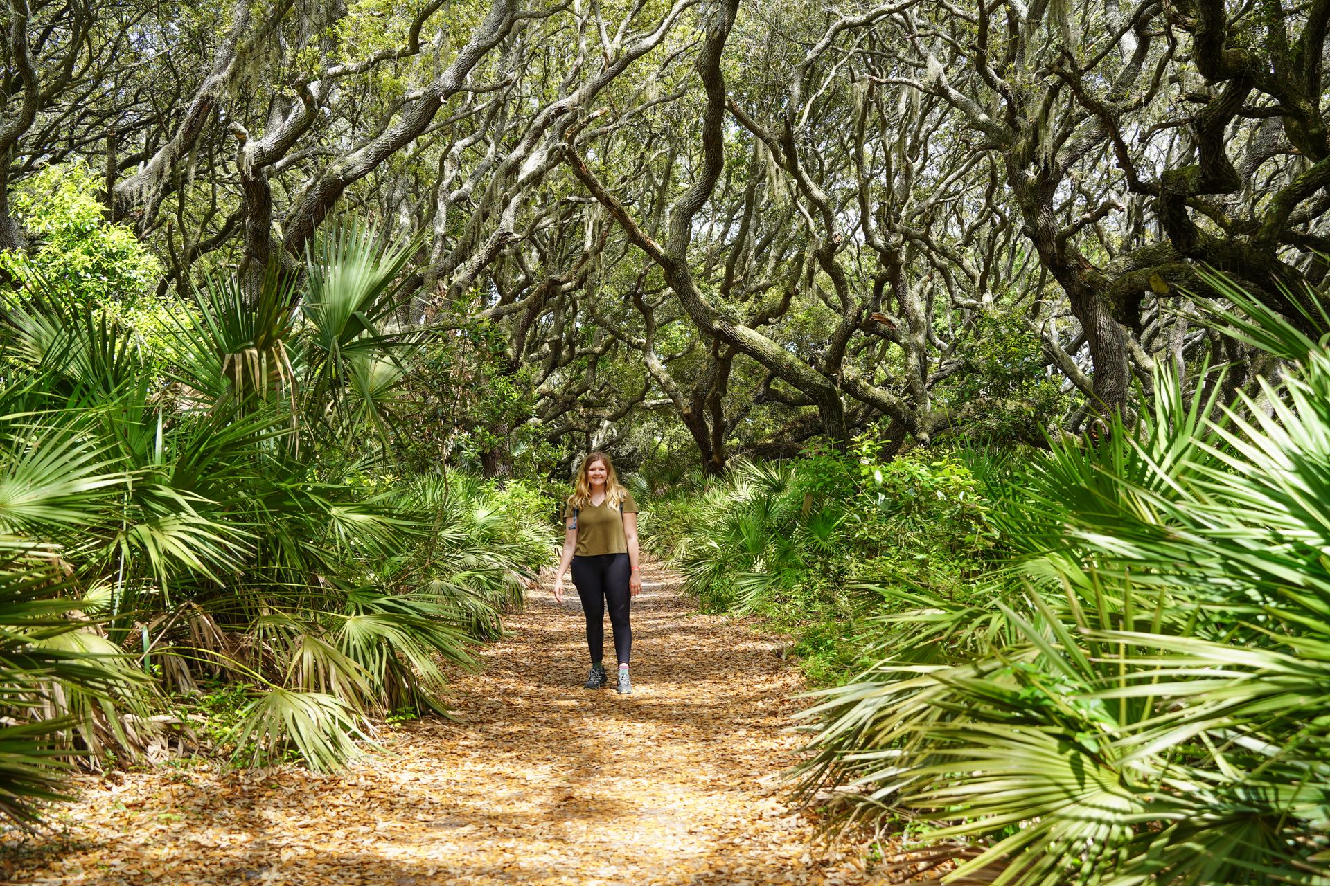 Lydia hiking on a path surrounded by palmetto trees on Cumberland Island