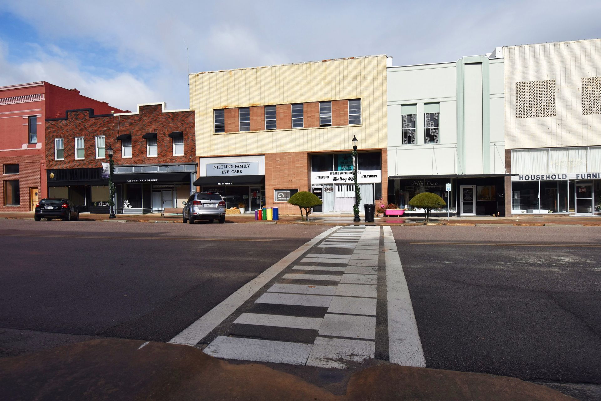 A cross walk painted like piano keys in downtown Denison.