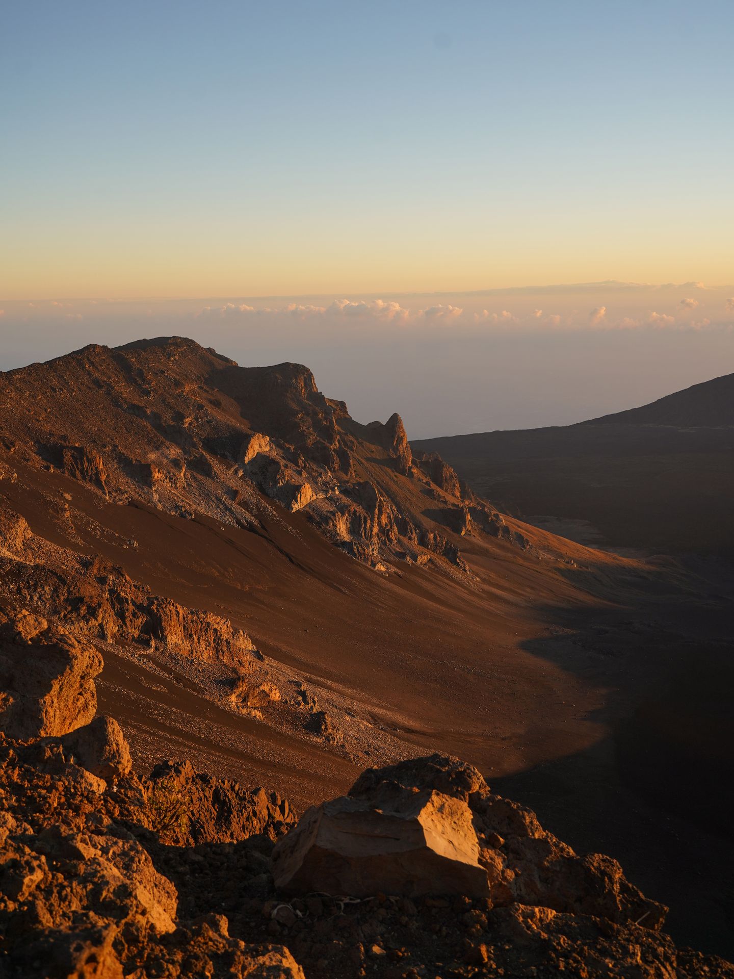 The Haleakala Crater bathed in golden light at sunrise