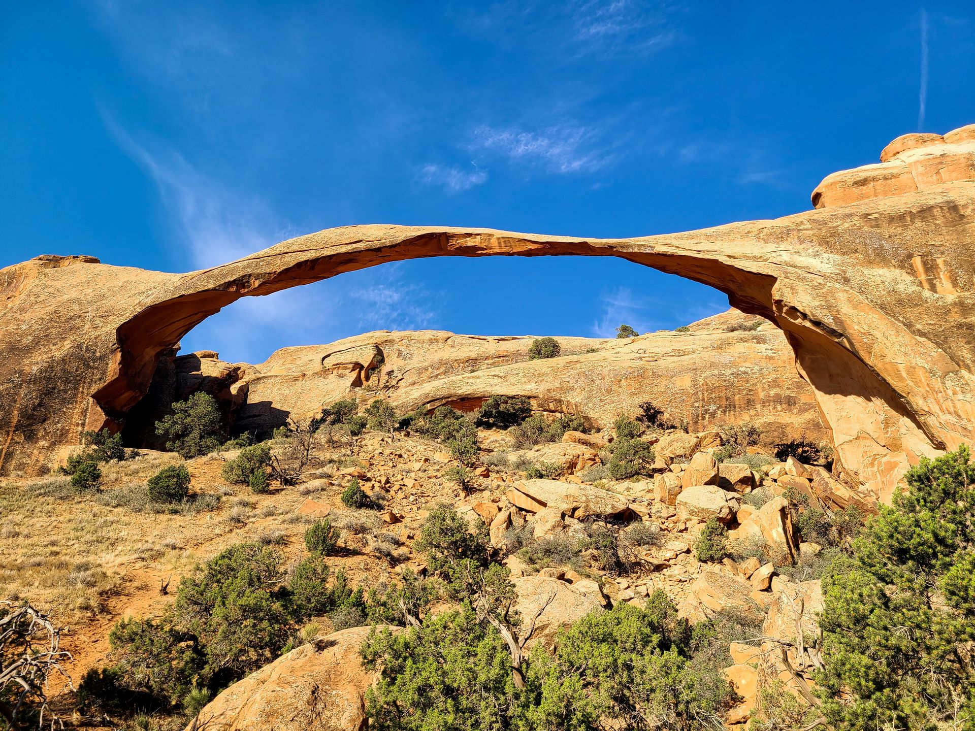Looking at Landscape Arch, a very large and thin arch in Arches National Park