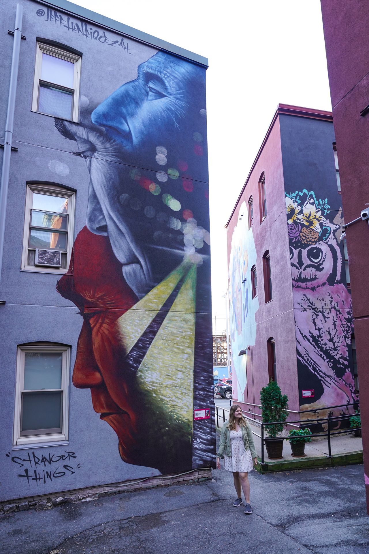 Standing walking between 2 buildings with tall murals. One is made up of faces, the other has an owl