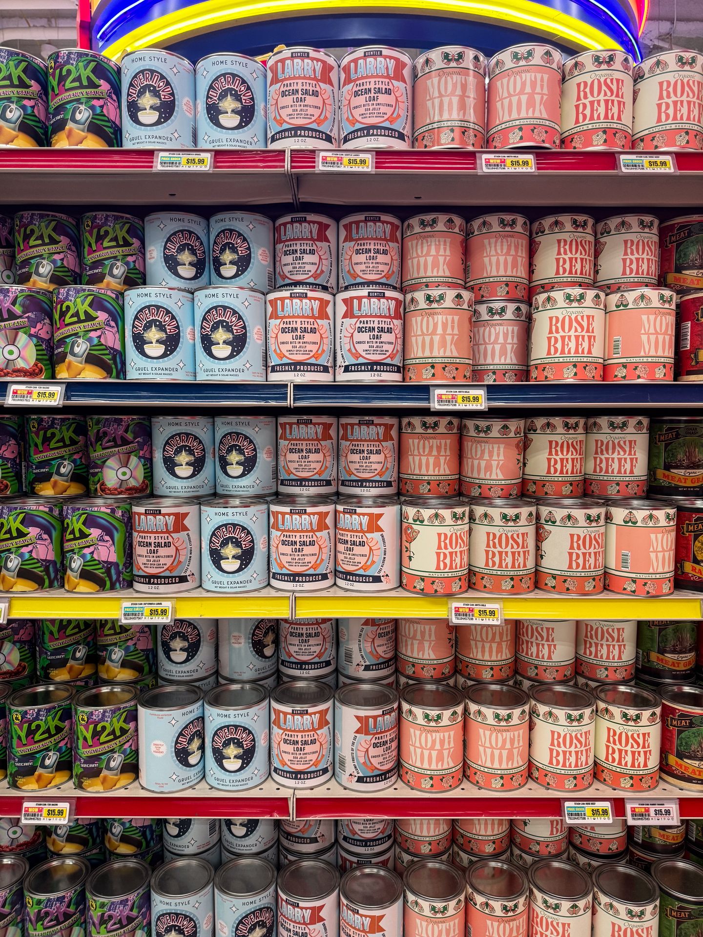 Rows of cans on grocery shelves. Items include moth milk, home style supernova and rose beef