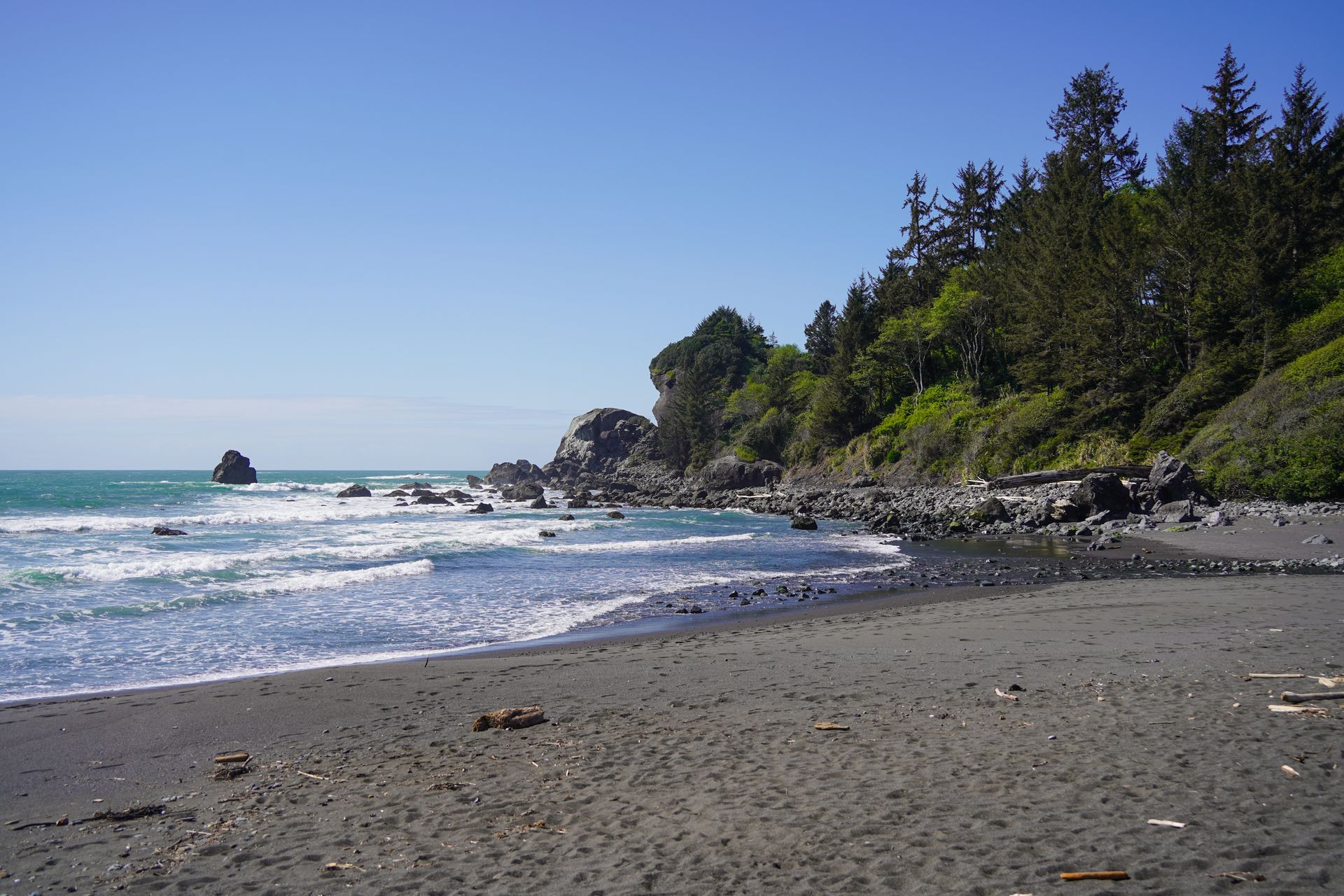 A beach with some rocks and trees nearby
