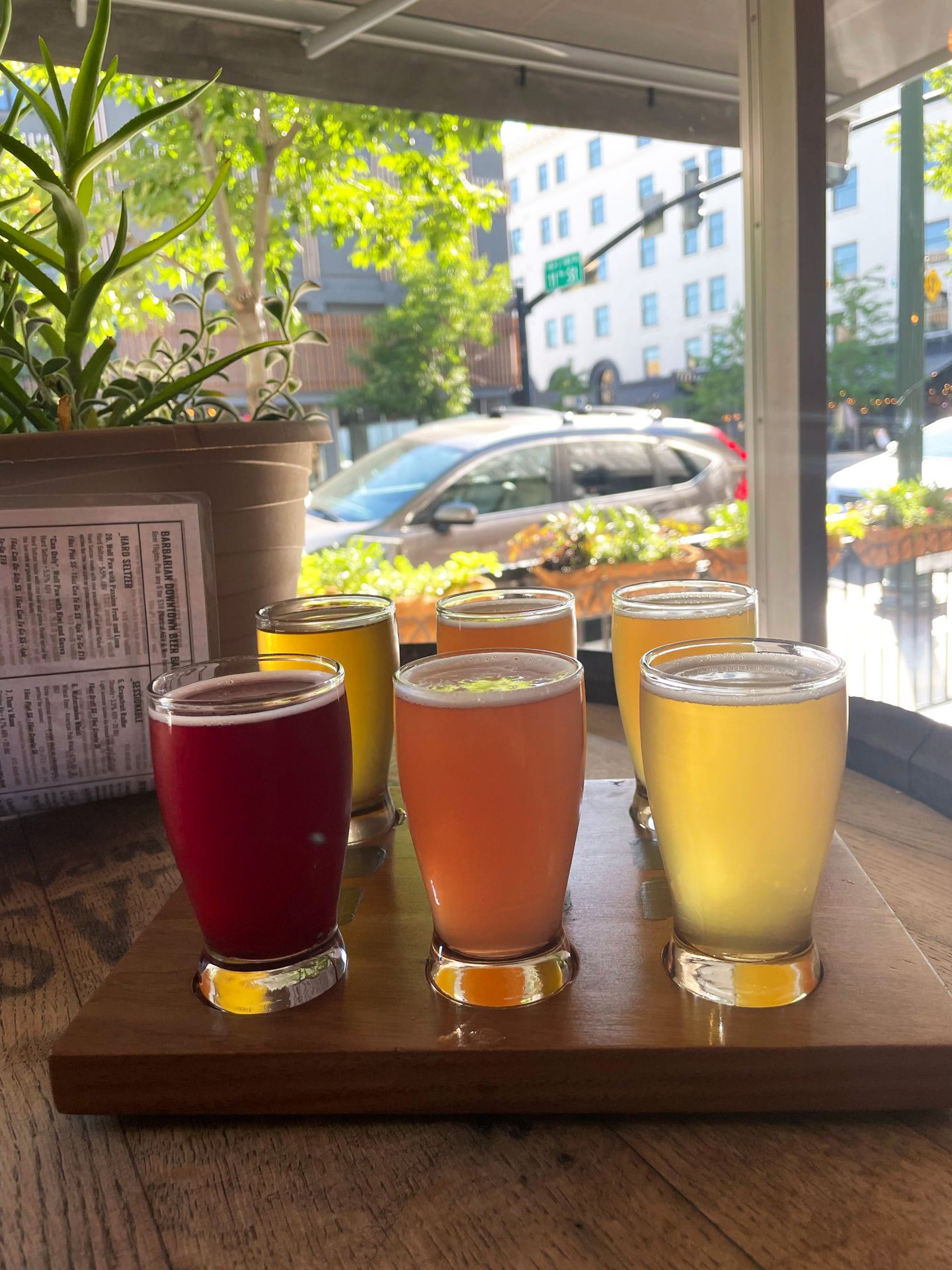 A flight of 6 beers from Bavarian Beer Bar.