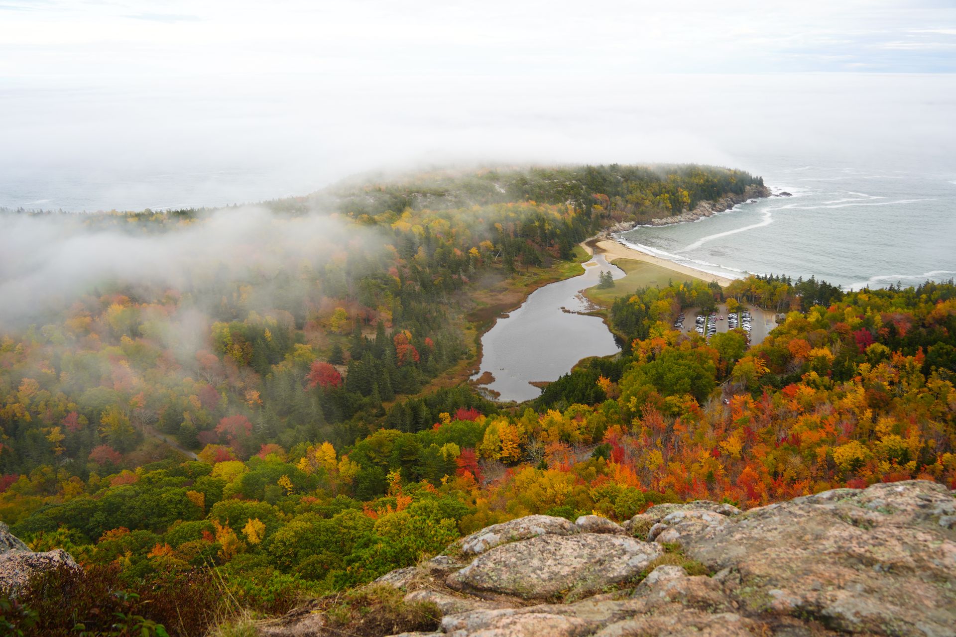 Looking down at Sand Beach and the coast from the Beehive Trail.