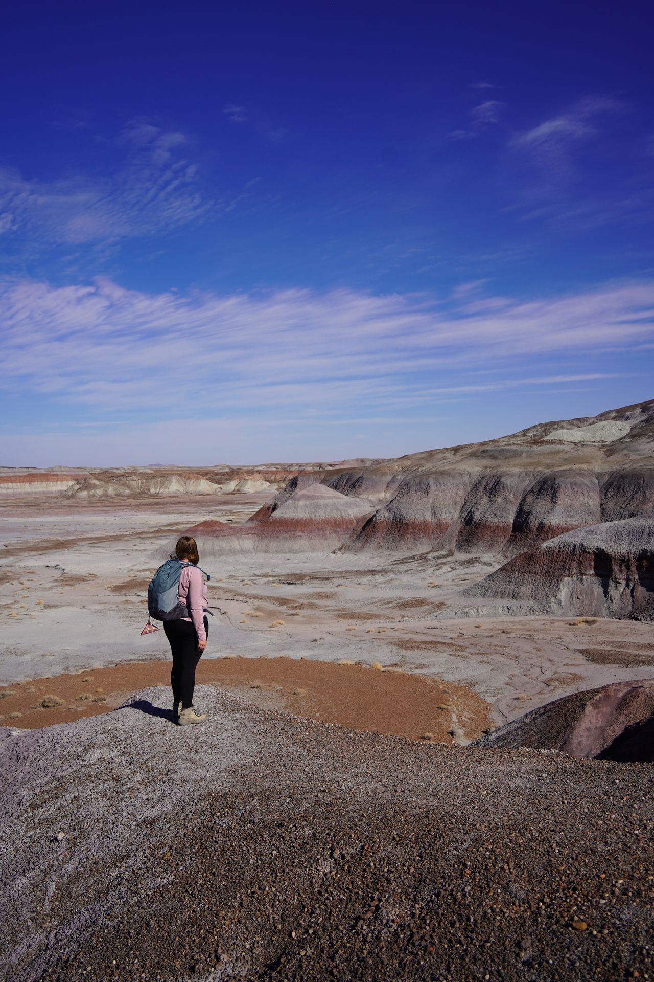 Lydia looking at a red of white badlands with a red stripe