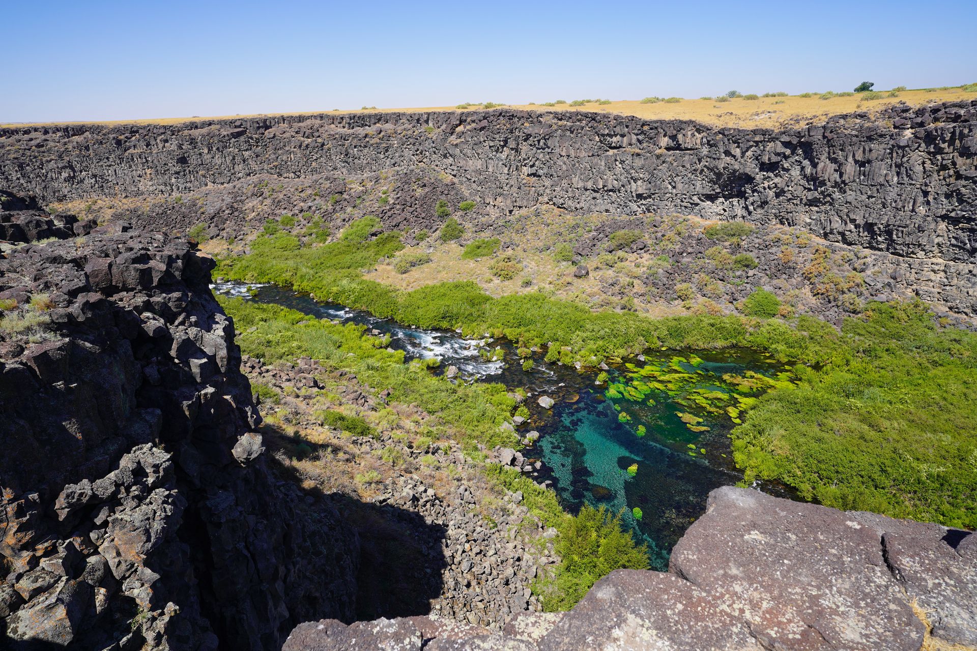 A canyon with a brightly-colored spring at the bottom. Greenery surrounds the water.