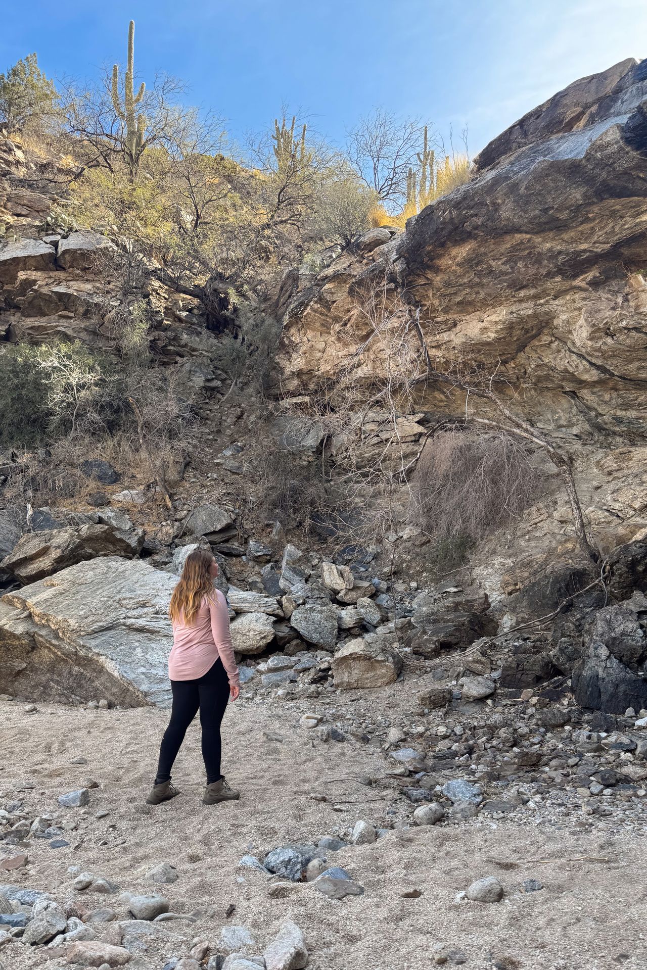 Lydia standing in front of a dry waterfall