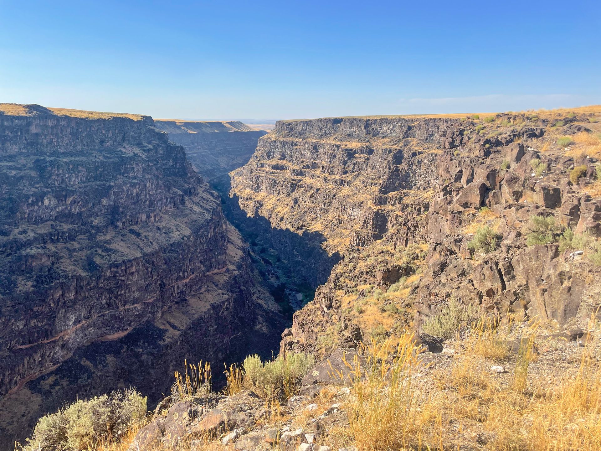 A deep and narrow canyon with walls made of black rocks.