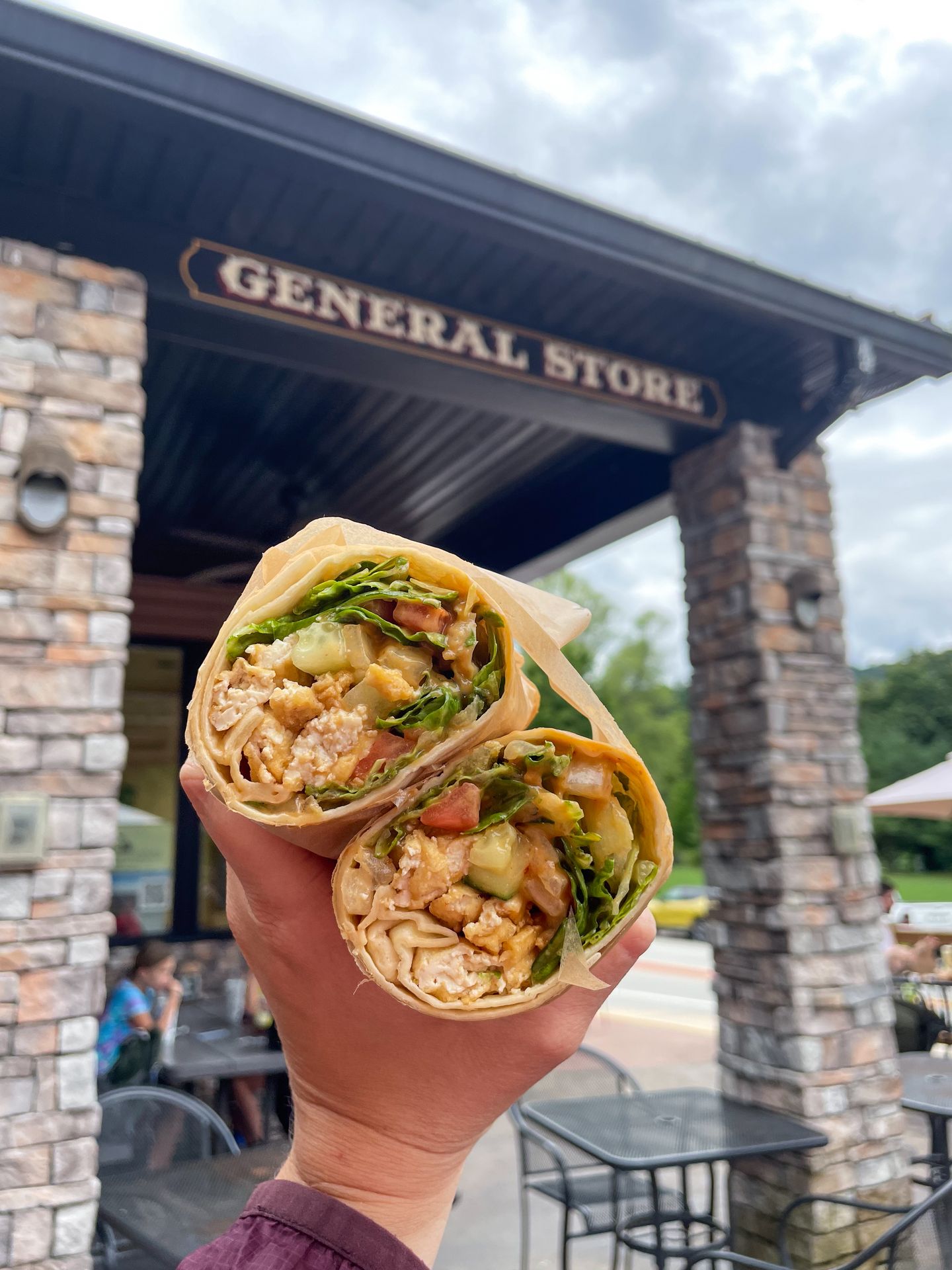 Holding up burrito cut in half from Falls Market. The burrito has greens, vegetables and tofu.