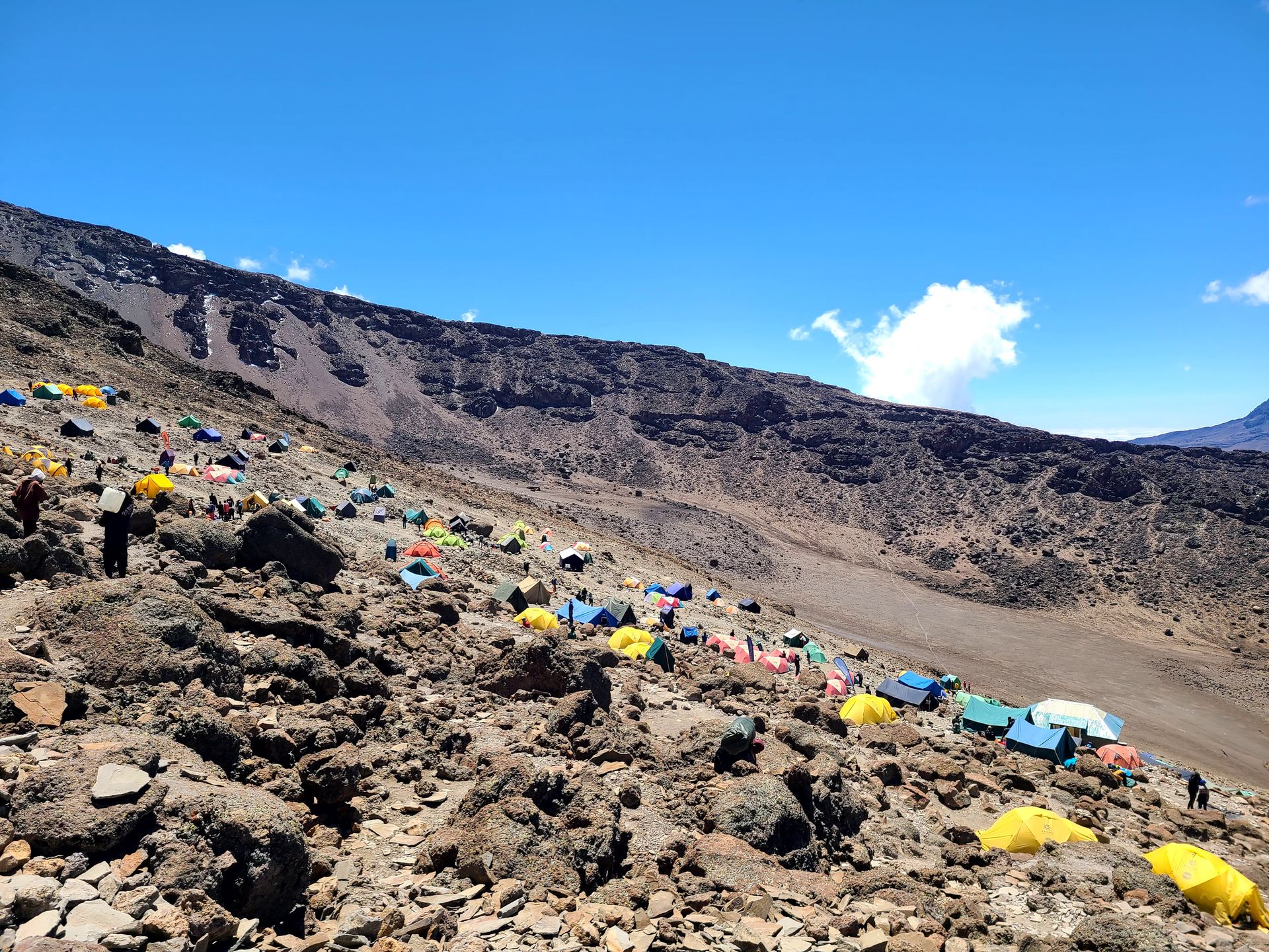 A hillside with many tents on the trek to the peak of Kilimanjaro