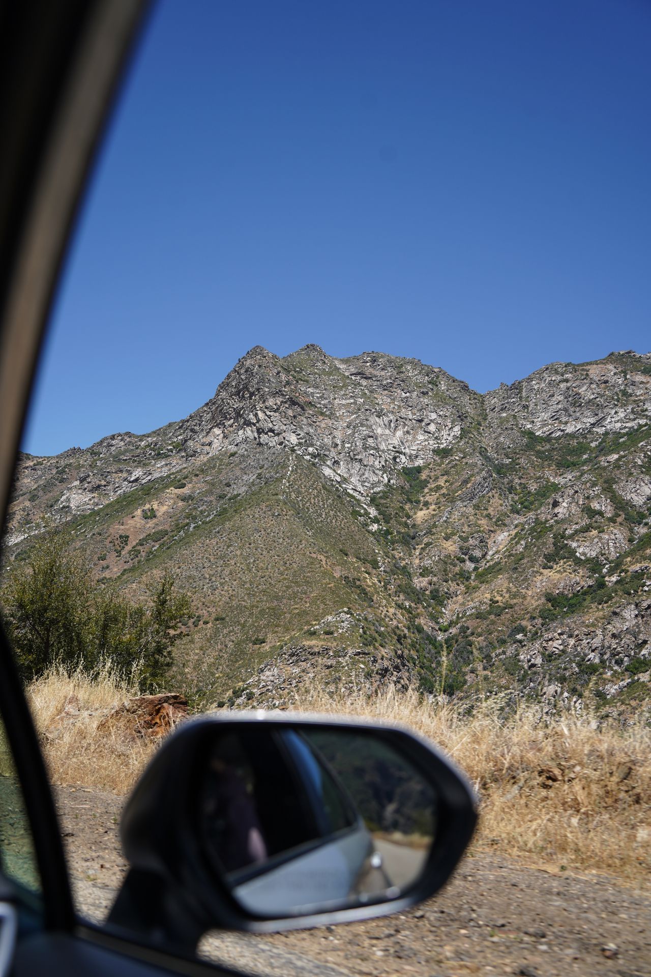 A view out the car window while driving the Kings Canyon Scenic Byway
