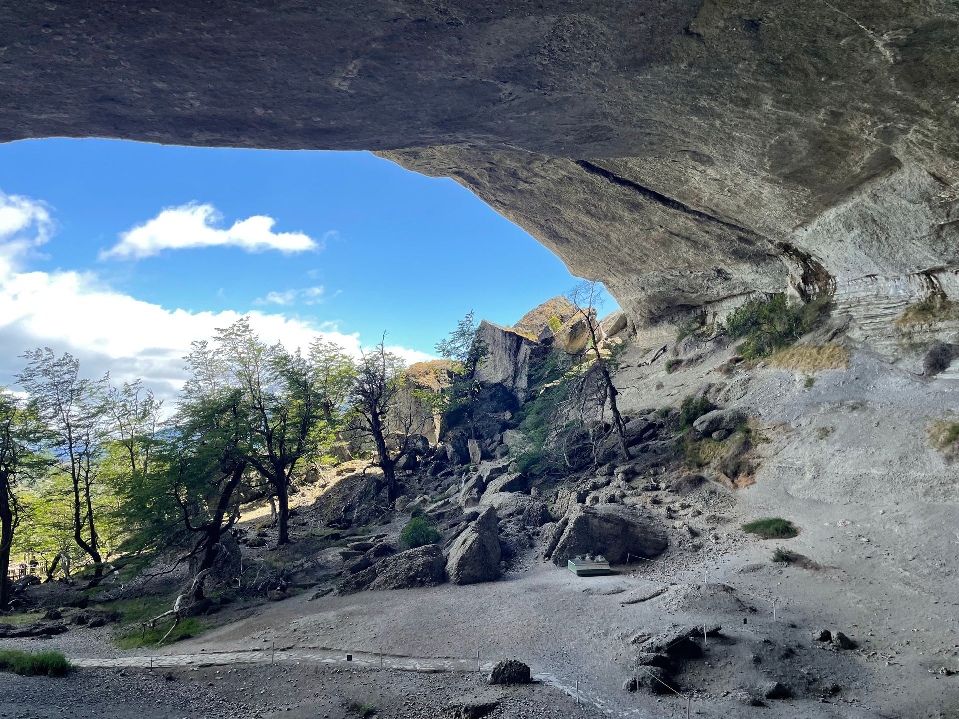 Looking out from the inside of a giant cave. There are some huge rocks and green trees outside of the cave.