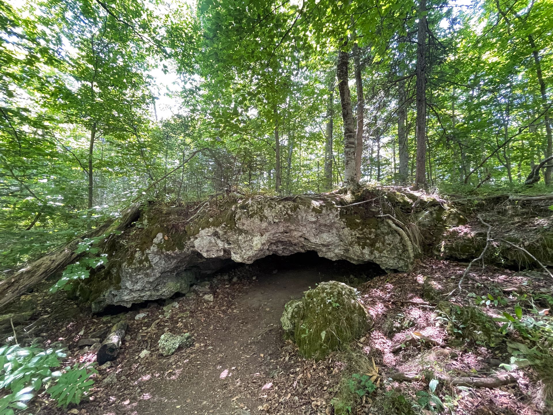 A large rock formation with a small overhang.