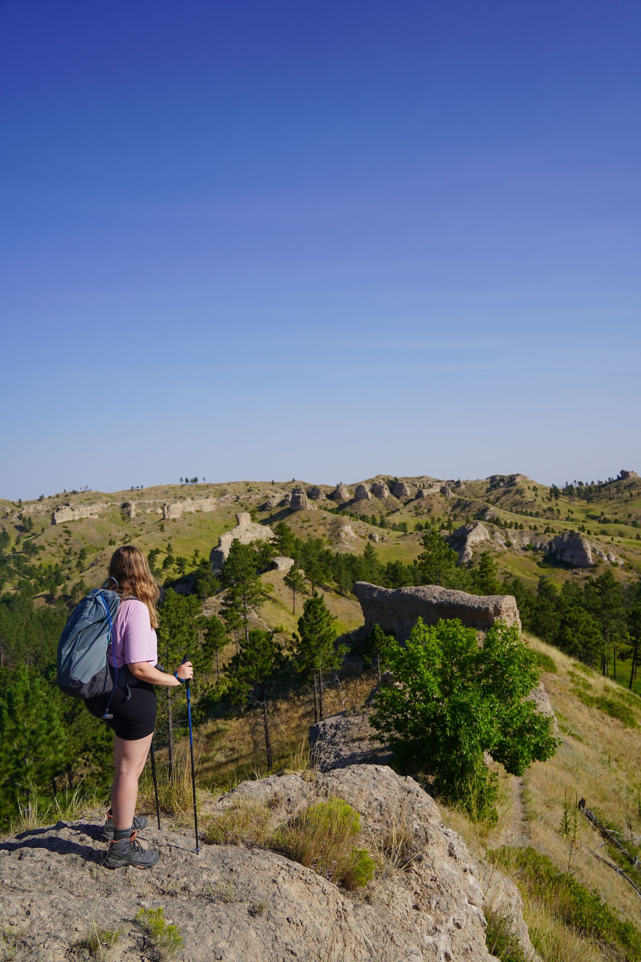 Lydia up on a rock looking at a view of green hills and various rocks at Chadron State Park