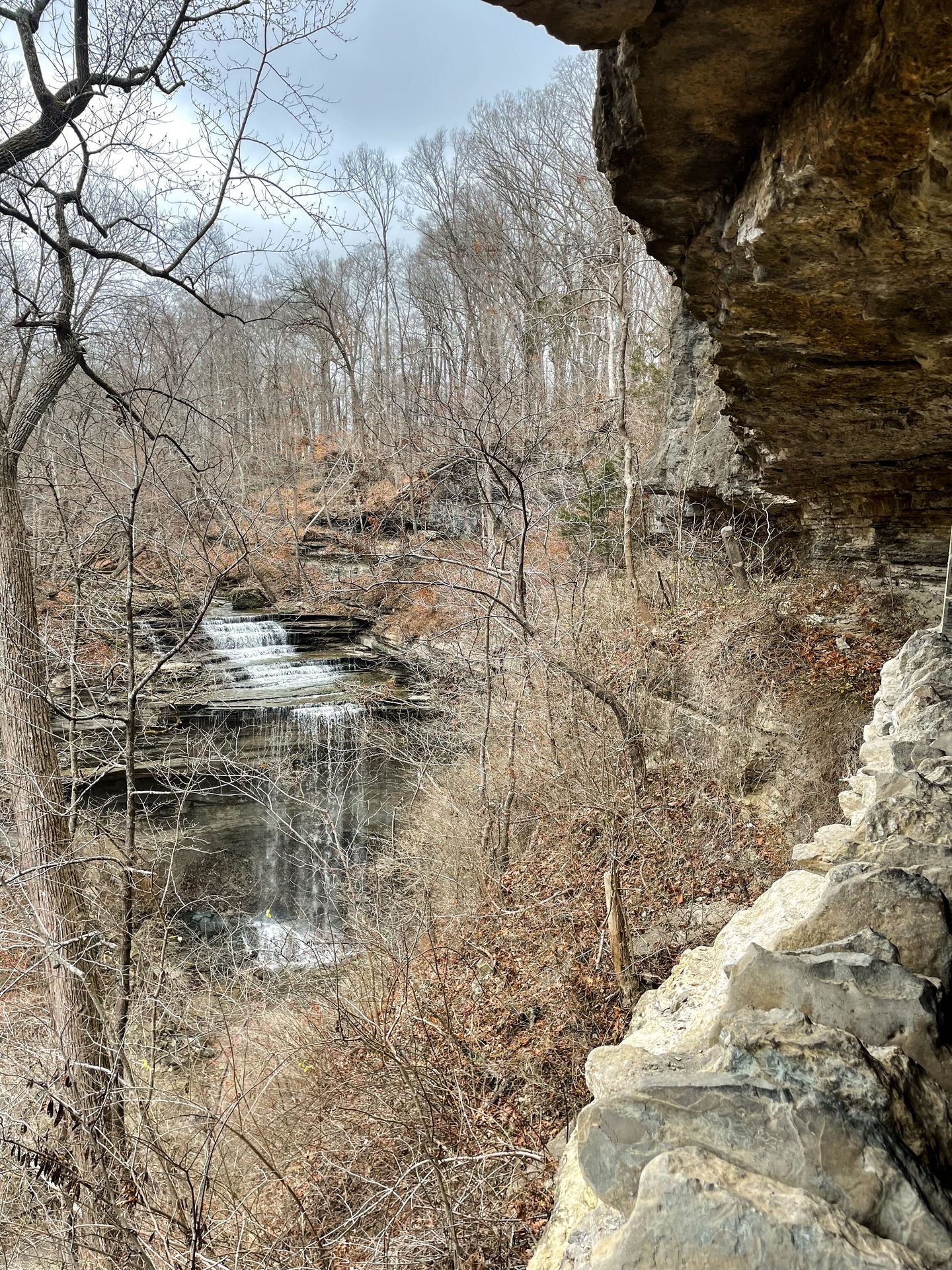 A waterfall in the distance with a cave overhang in the foreground at Clifty Falls State Park