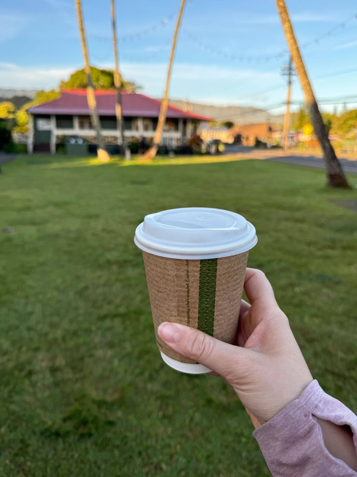 Holding up a coffee in front of a lawn with tall trees and a building in the distance