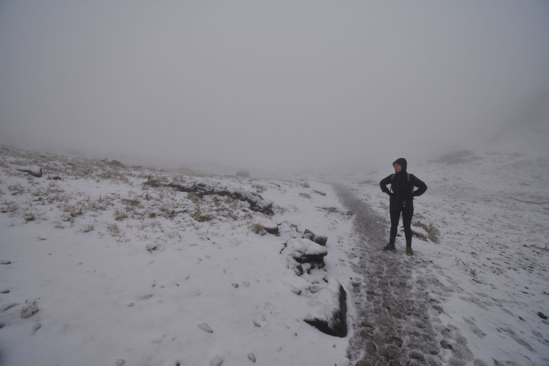 Someone surrounded by fog, standing on a trail covered with snow.
