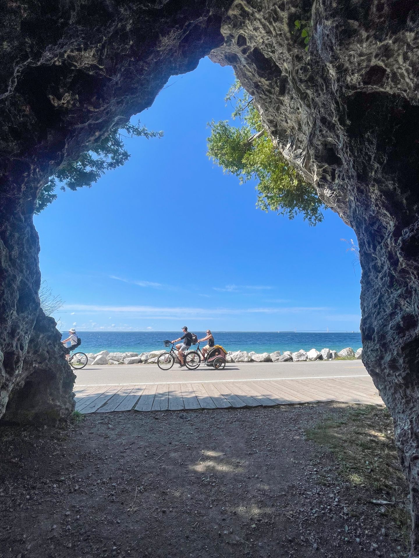 Looking out from Devil's Kitchen at bikers going past on the loop road.