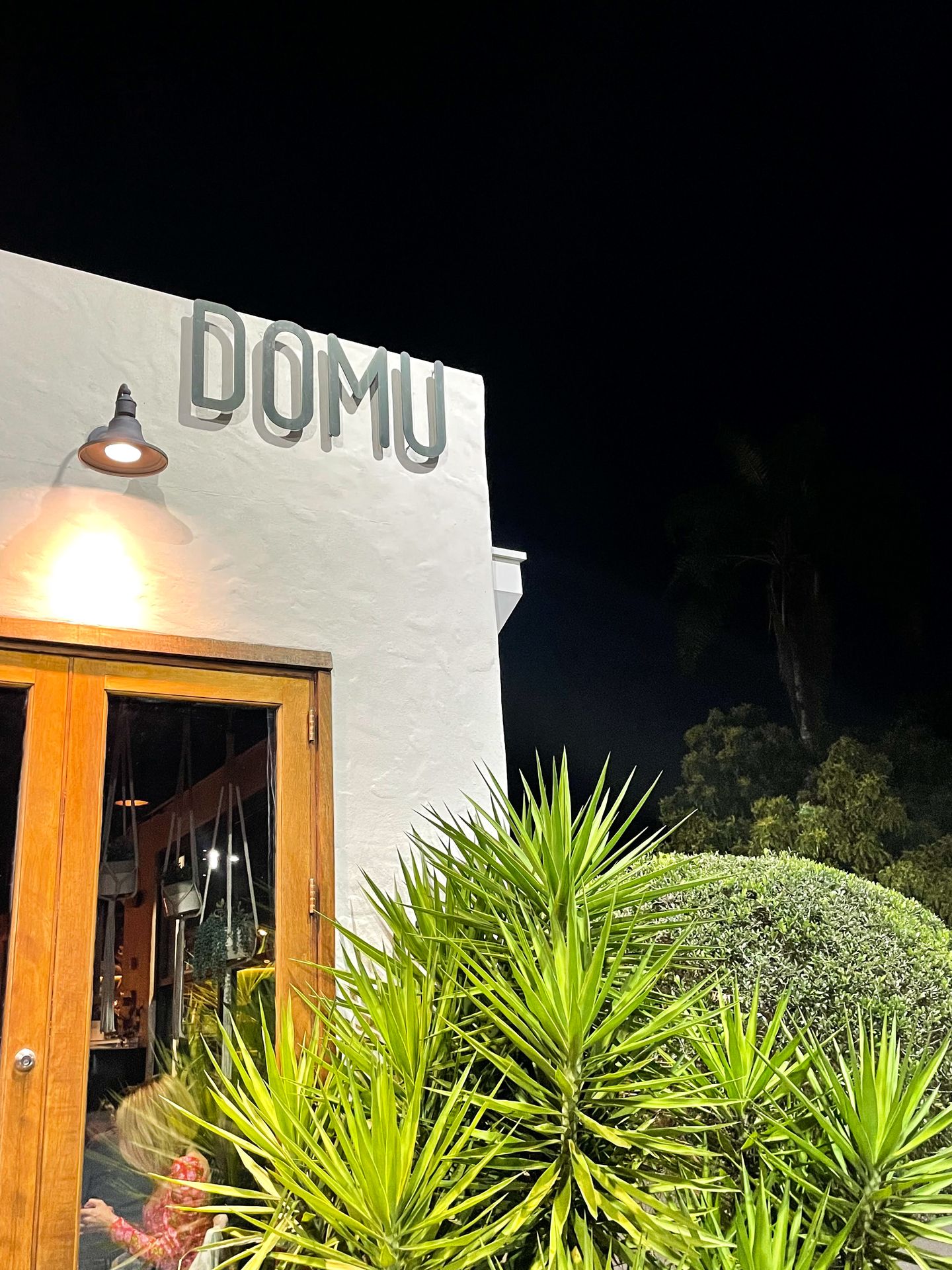 A white building with a sign reading DOMU with some green palms in front of it.