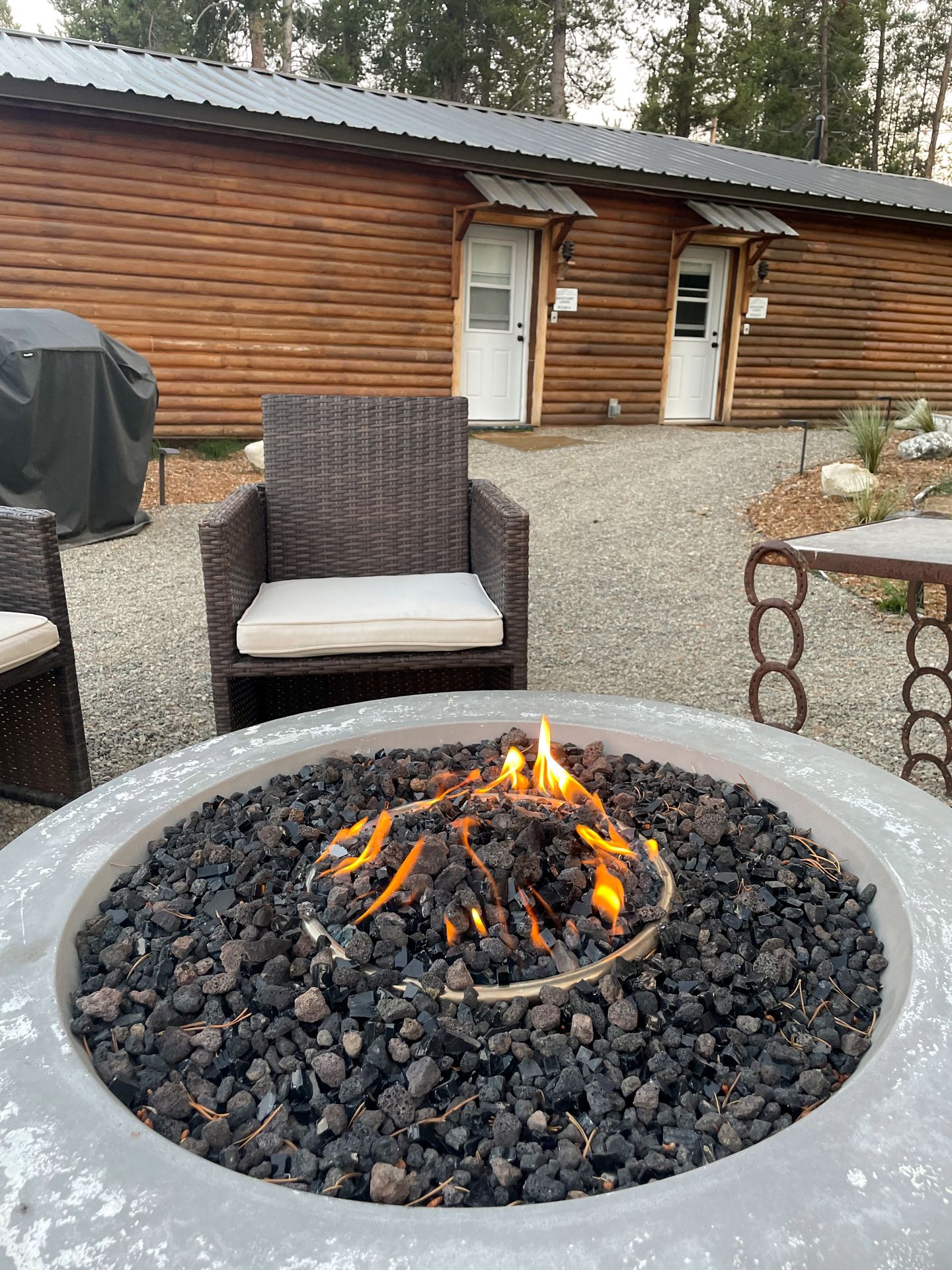 A campfire outside of the Basecamp Lodge.