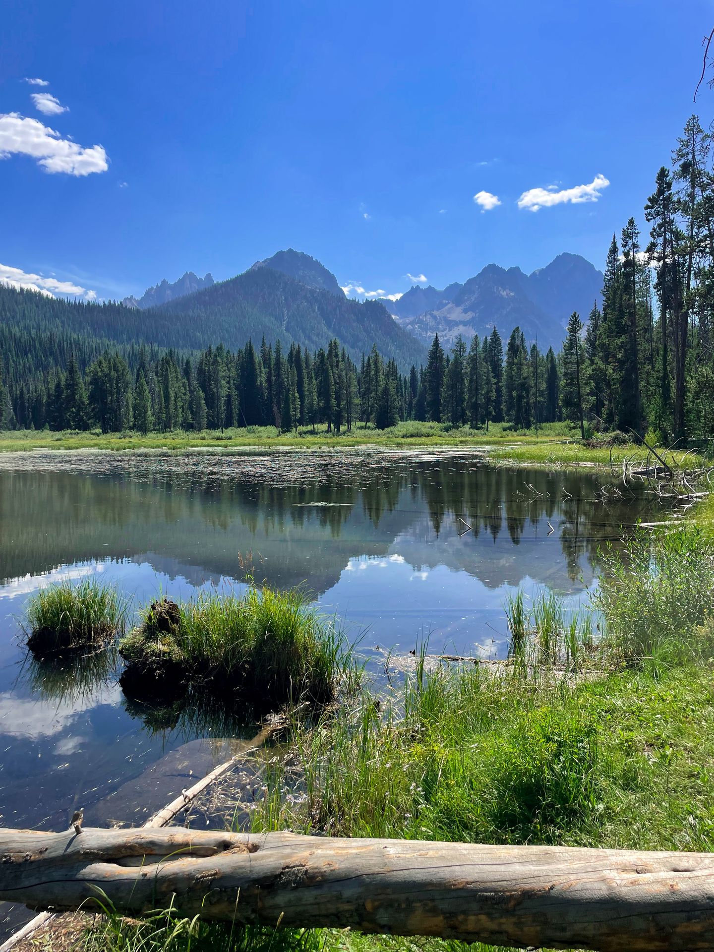 A lake with mountains reflecting in the water on the Fishhook Creek Trail.