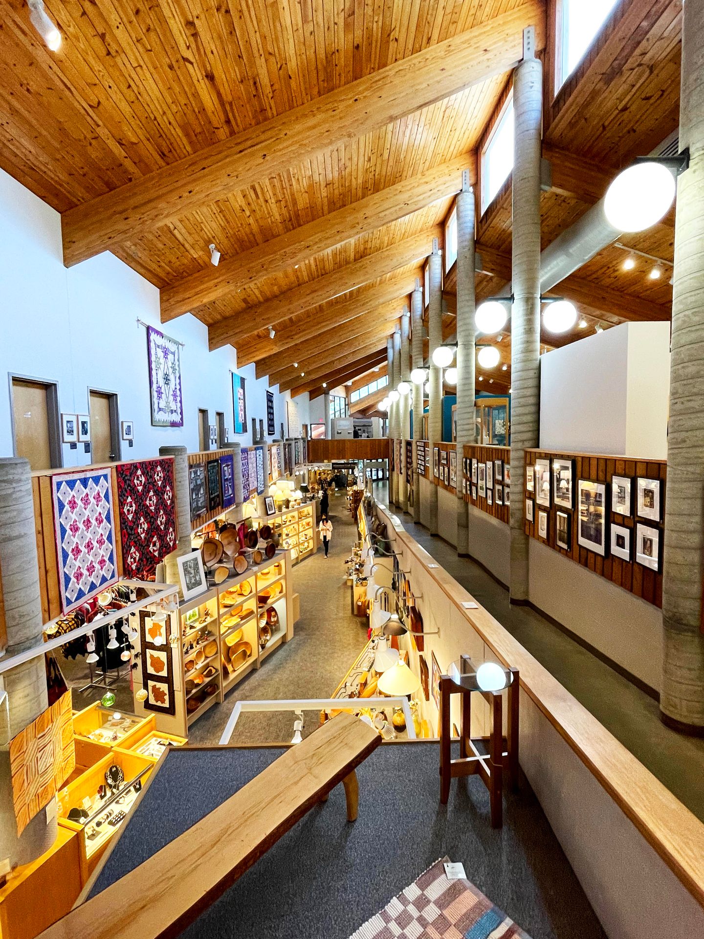 A view from the upper floor looking down at the stop in the Folk Arts Center.