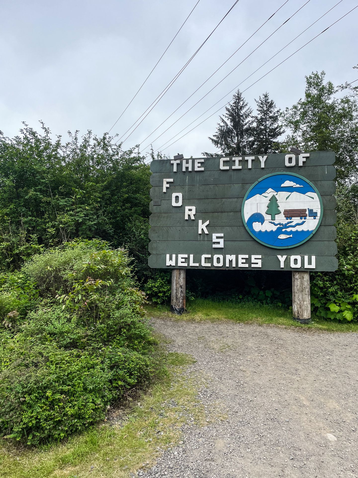 A wooden green sign that reads 'The City of Forks Welcomes You'