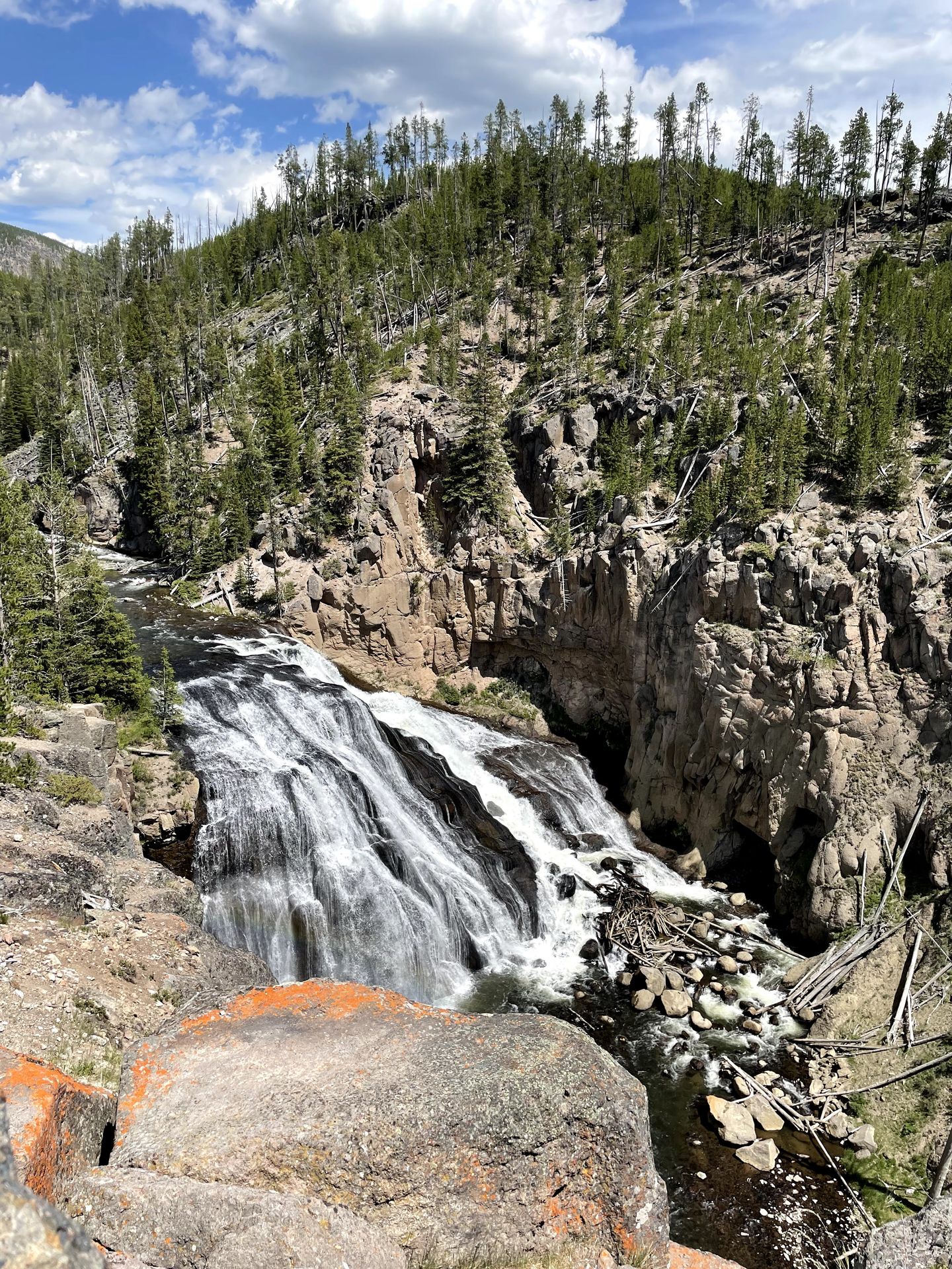 A view of Gibbon Falls cascading down canyon walls.