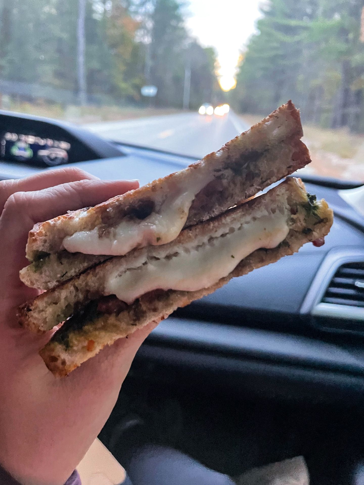 Holding up a grilled cheese from Cheese Louise