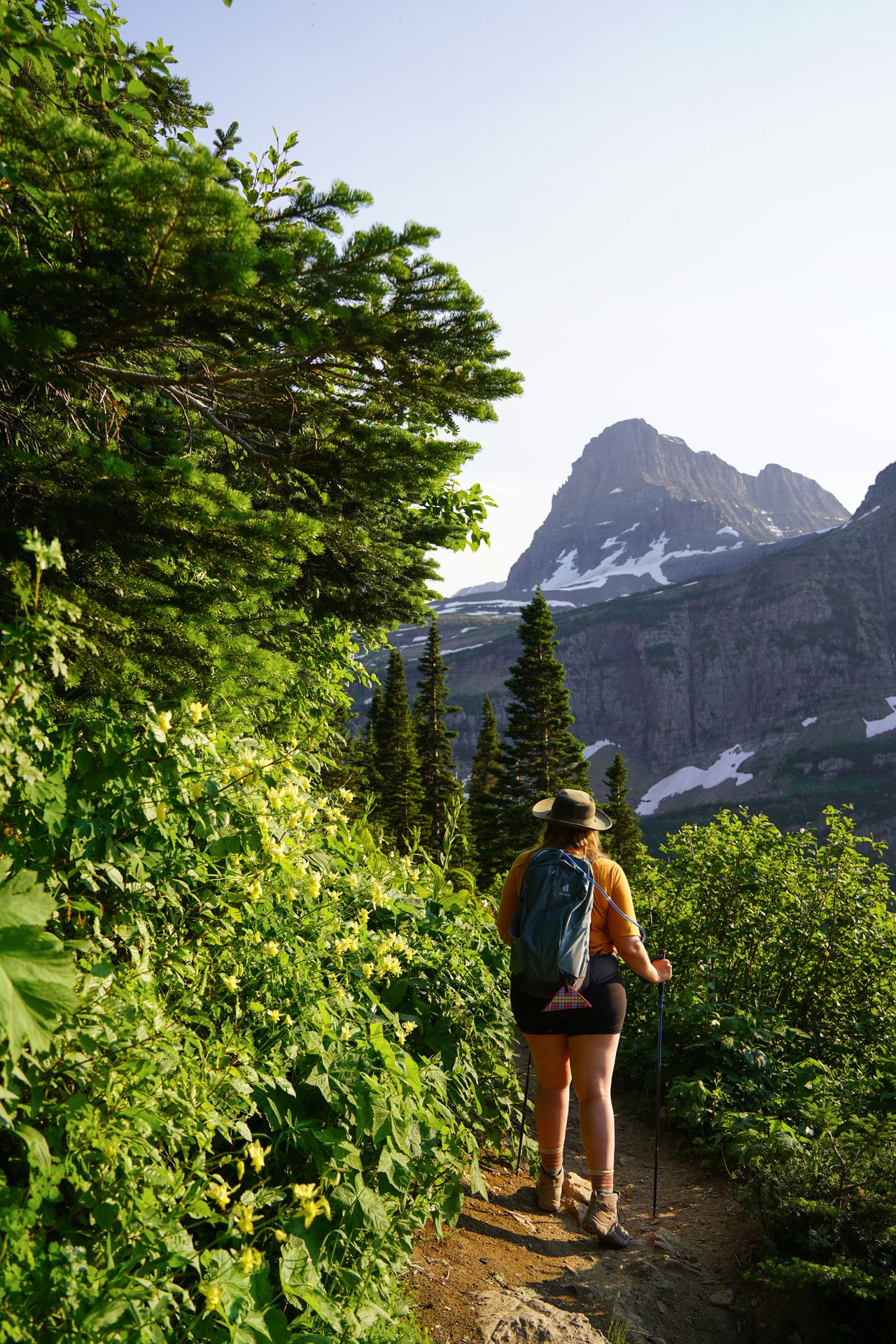 Lydia hiking on the Highline Trail. There is greenery along the path and a mountain is the distance