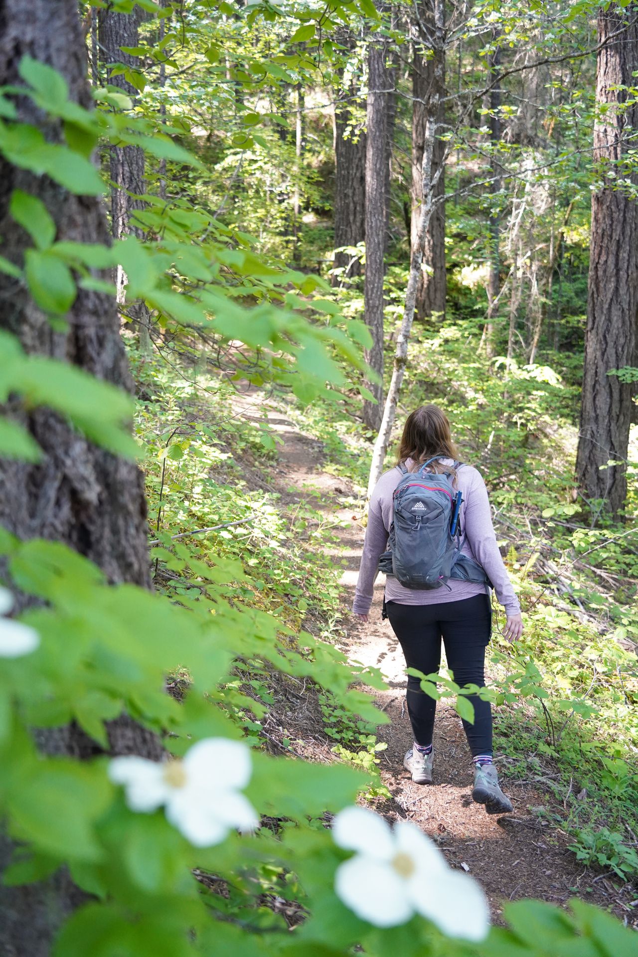 Lydia hiking with white flowers in the foreground