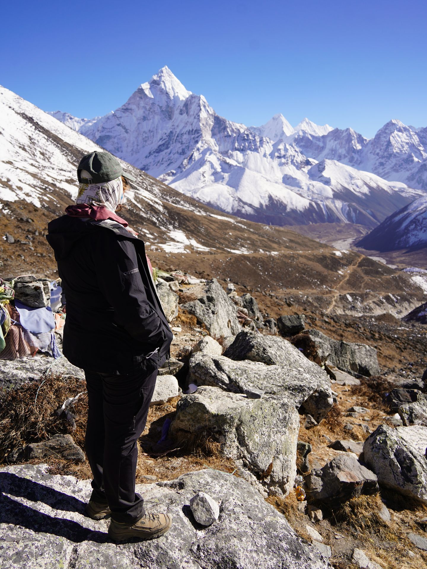 Lydia standing on a rock and looking out at snow capped mountains
