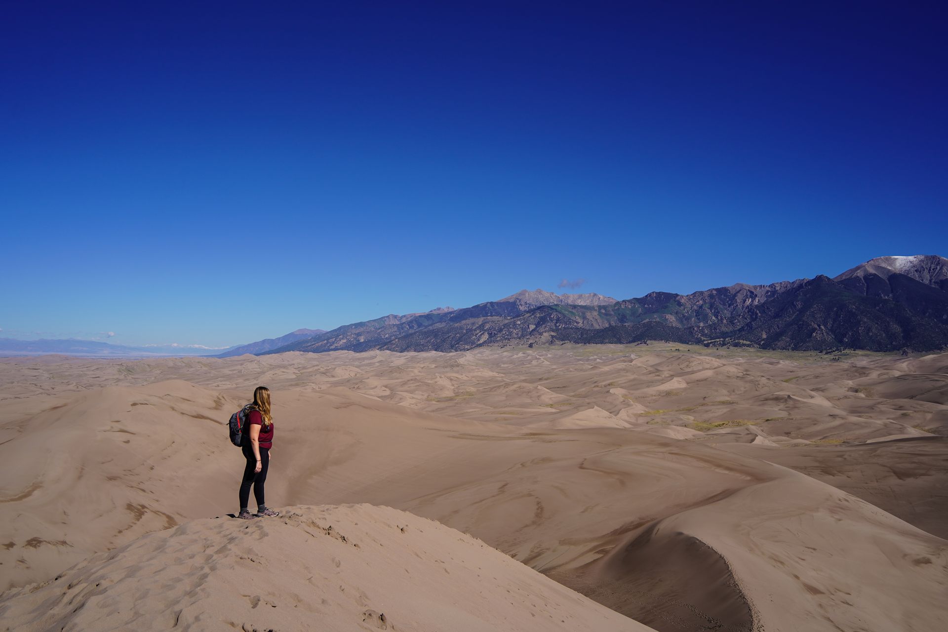 Lydia standing on a sand dune and looking out at the dunefield