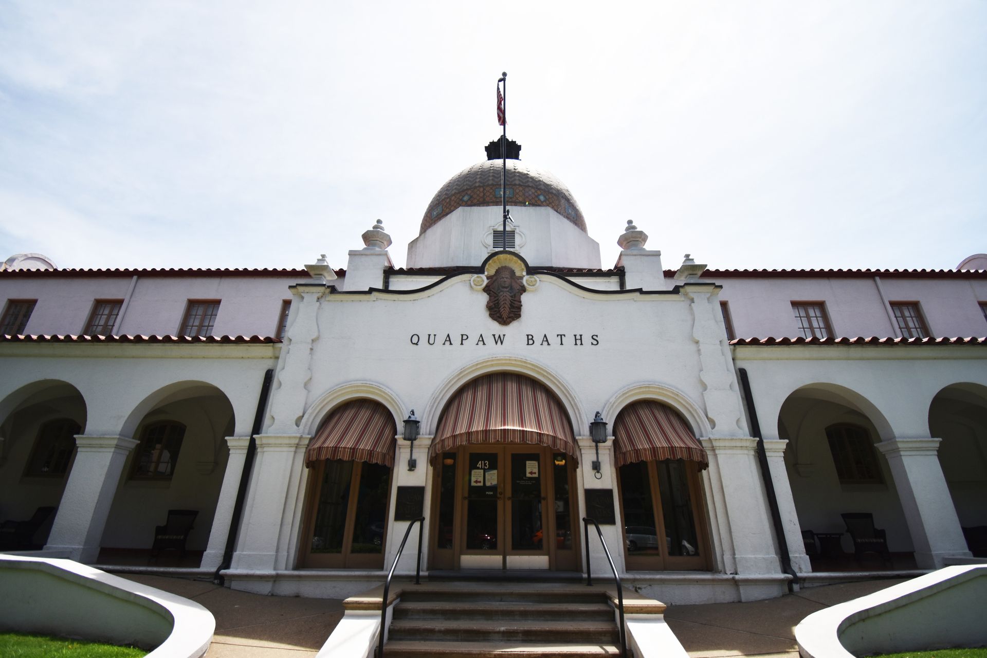 The exterior of the historic Quapaw Bathhouse in Hot Springs, Arkansas.