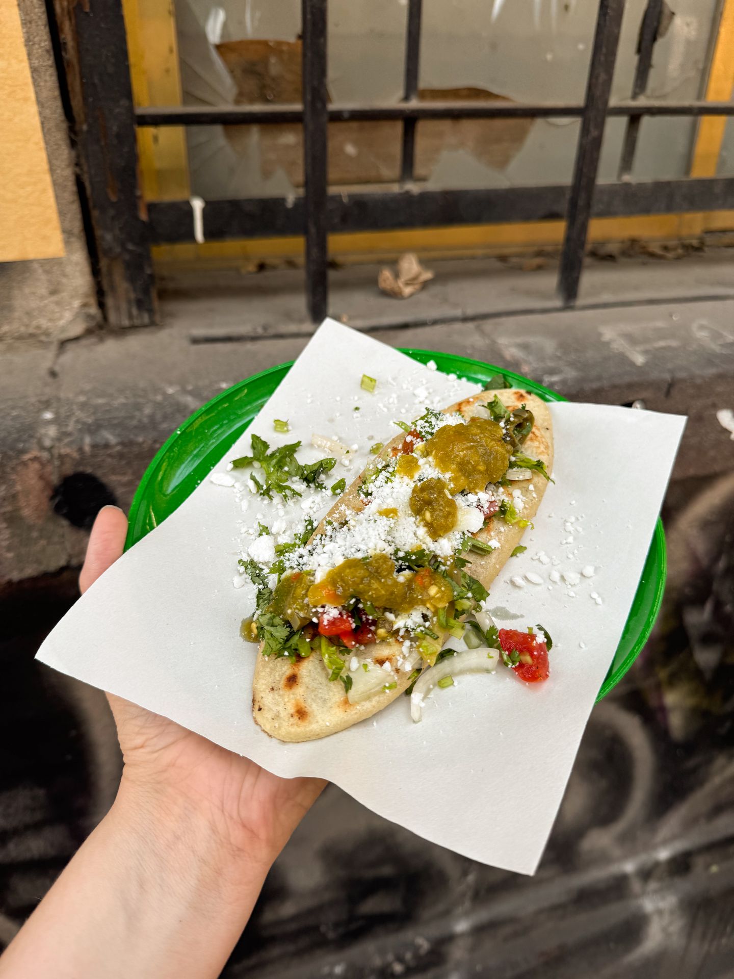 Holding up a Mexican dish topped with cilantro, cheese and salsa