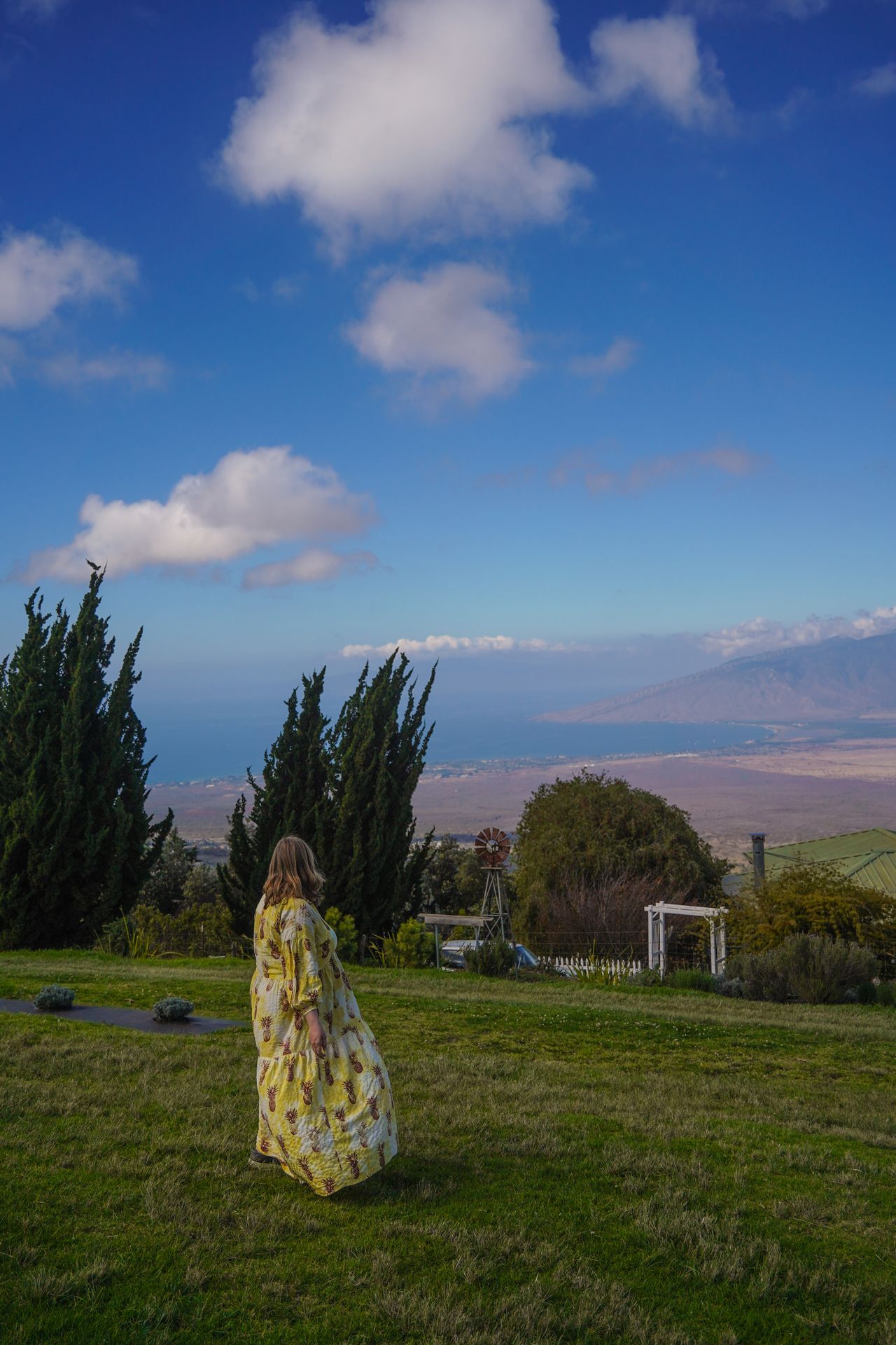 Lydia wearing a yellow dress and looking out at the view of the coast from the Ali'i Kula Lavender Farm