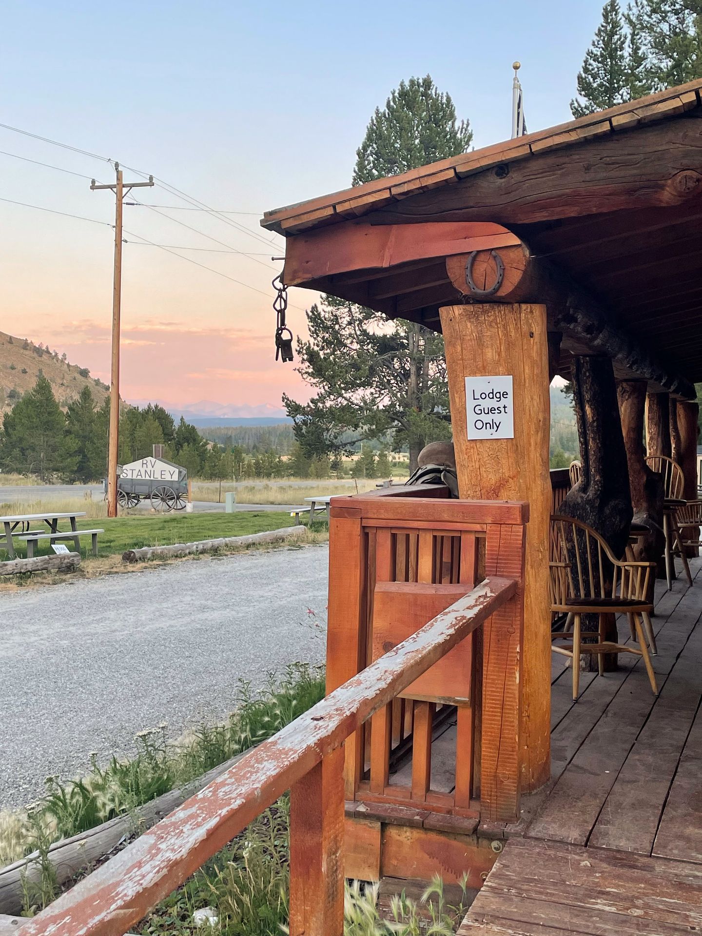 The outdoor balcony at Basecamp Lodge in Stanley.