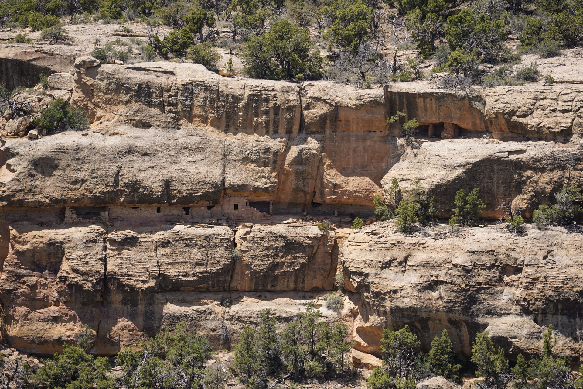 A cliff dwelling with multiple doorways that is tucked between layers of rock in the distance.