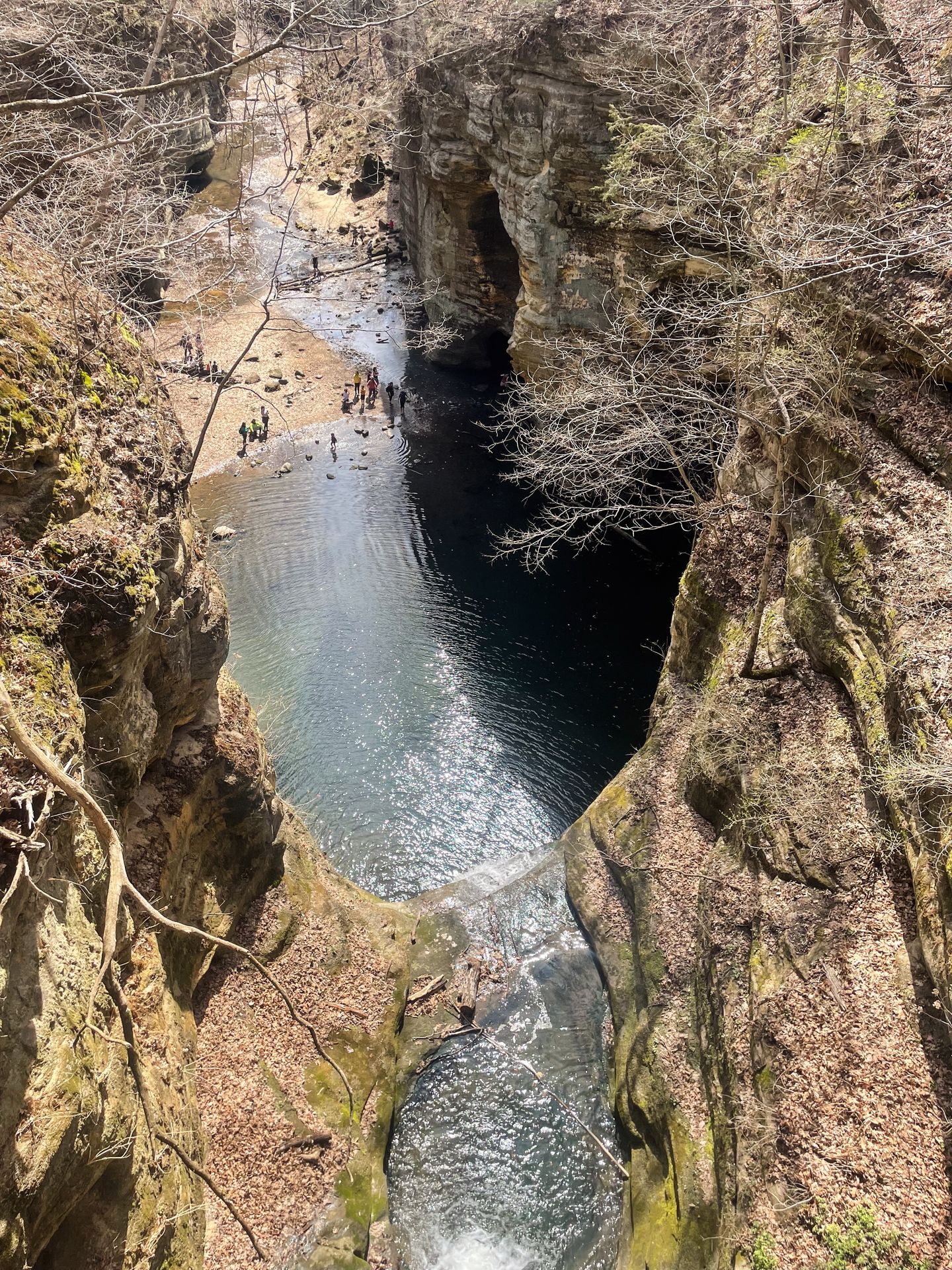 Looking down into a gorge above a waterfall in Matthiessen State Park