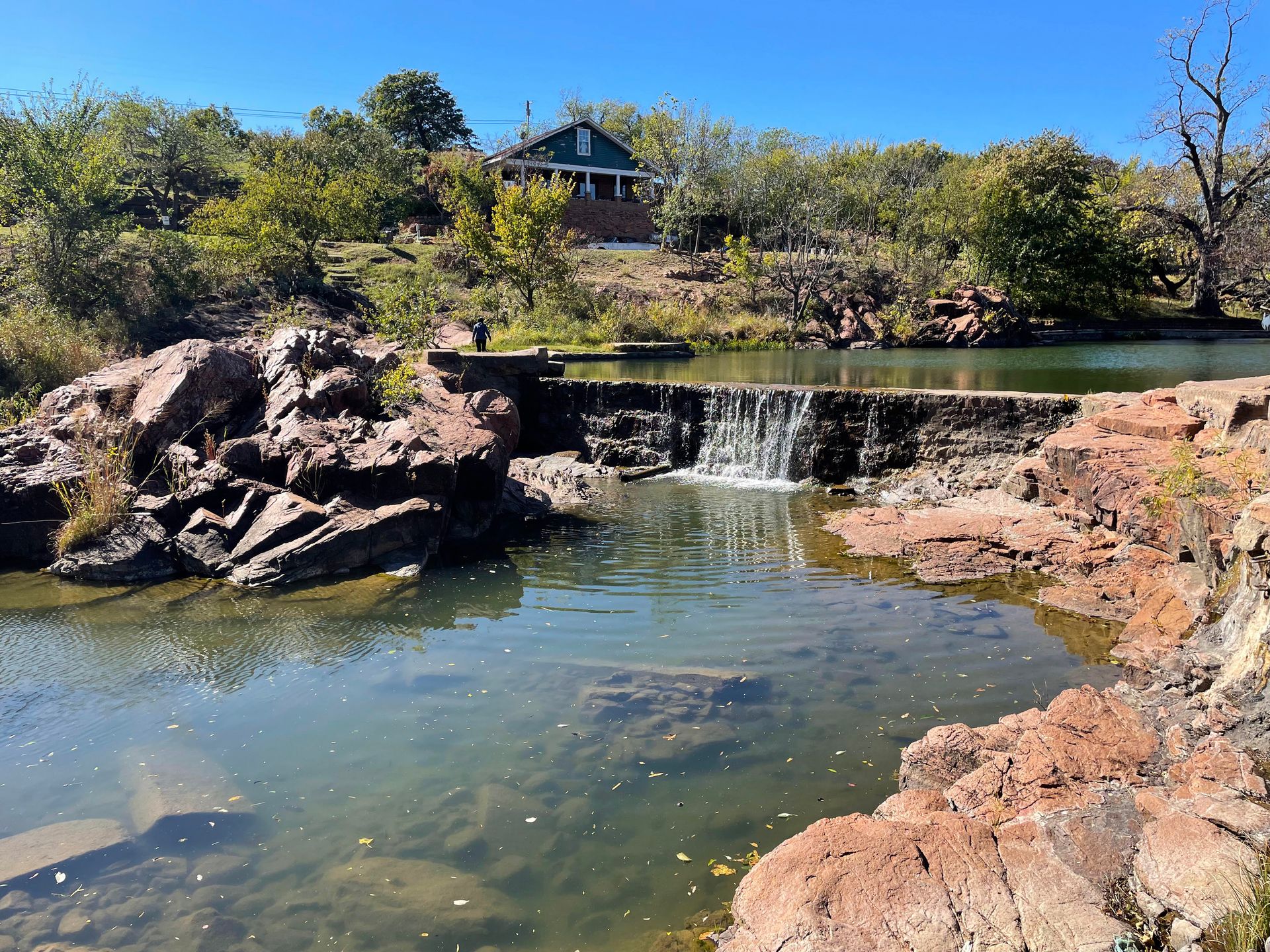 A waterfall in the river in the Medicine Park.
