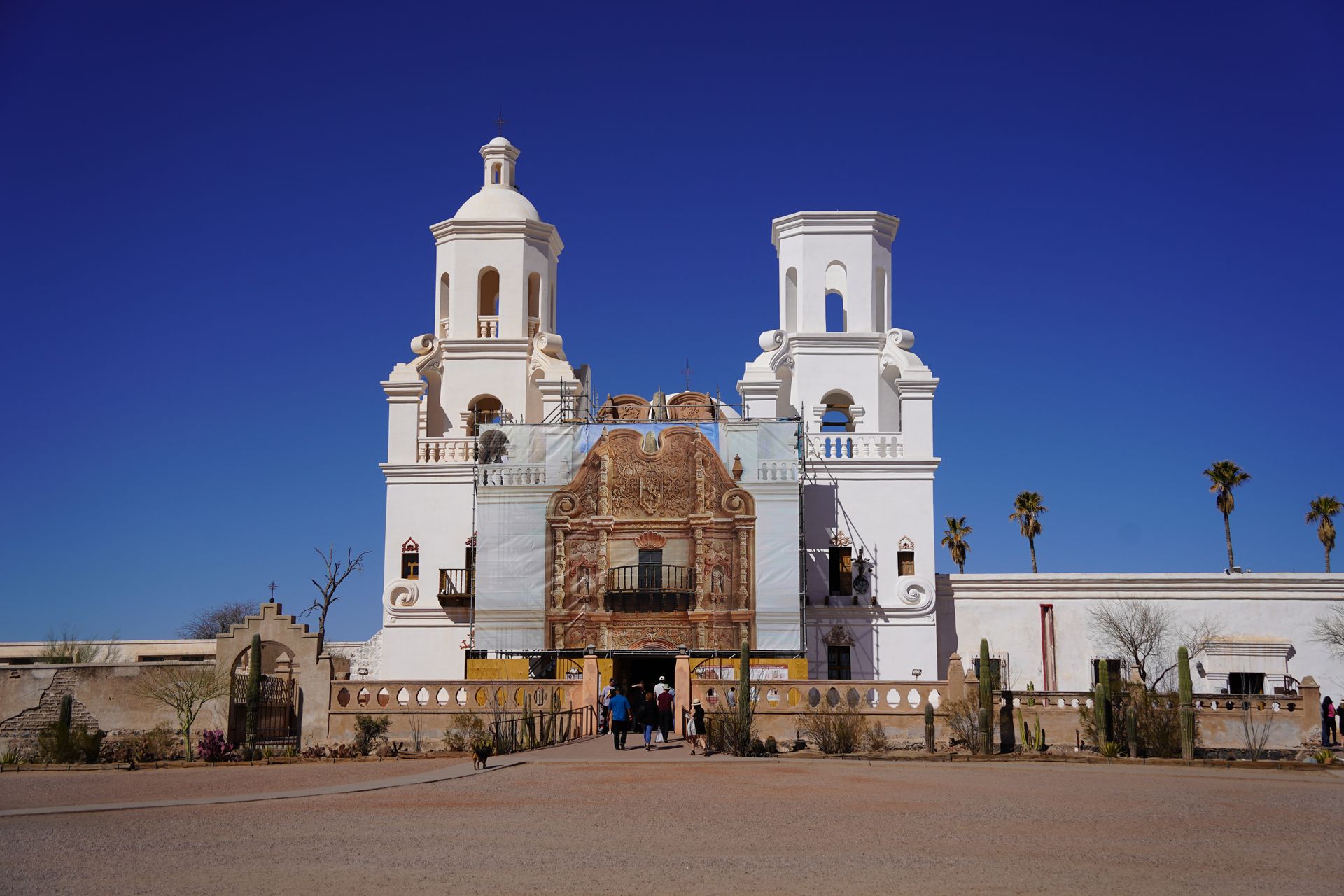 The San Xavier del Bac Mission, which was under renovation and had a facade in the center