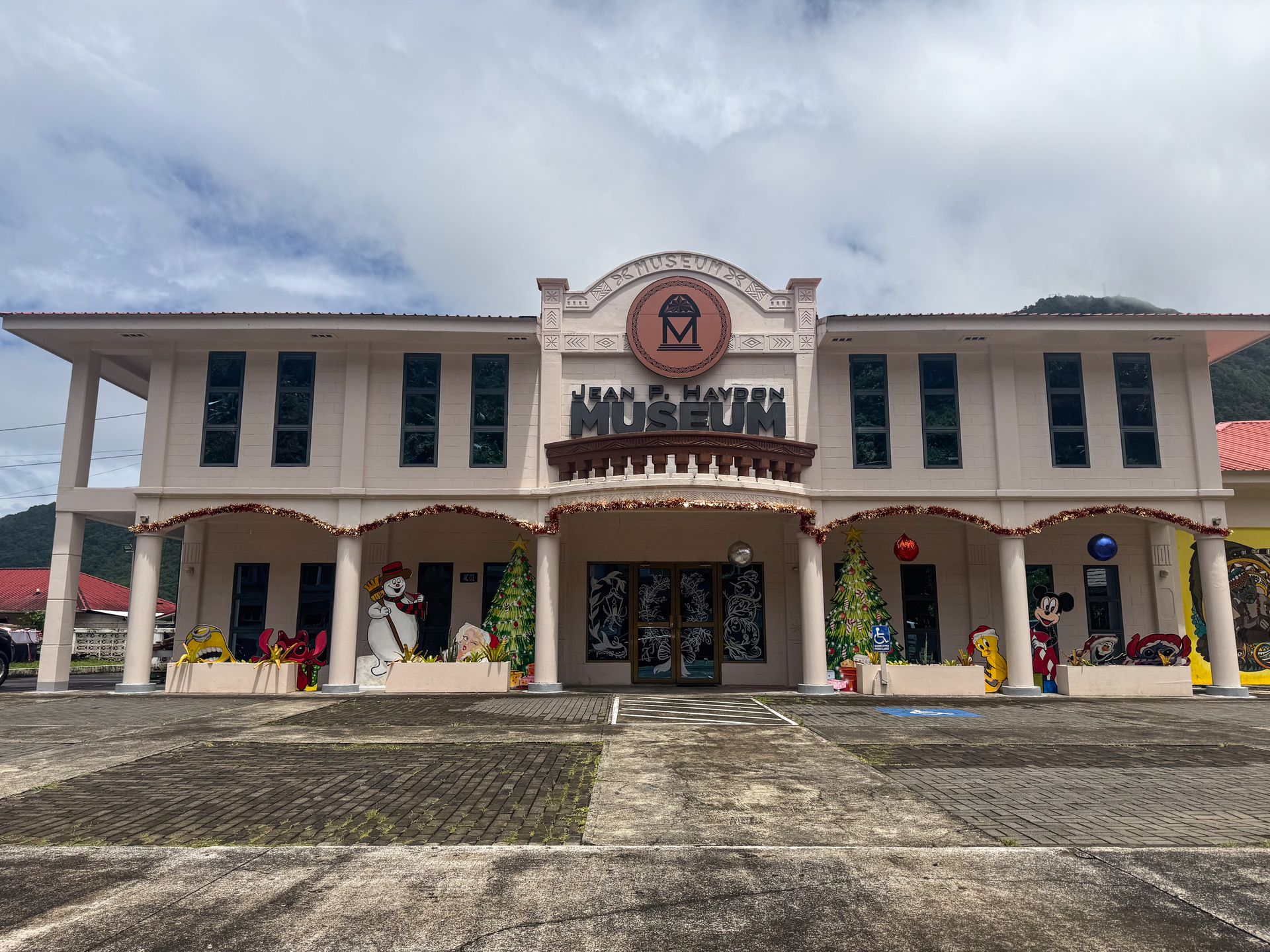 The exterior of the Jean P Haydon Museum, which is decorated for Christmas