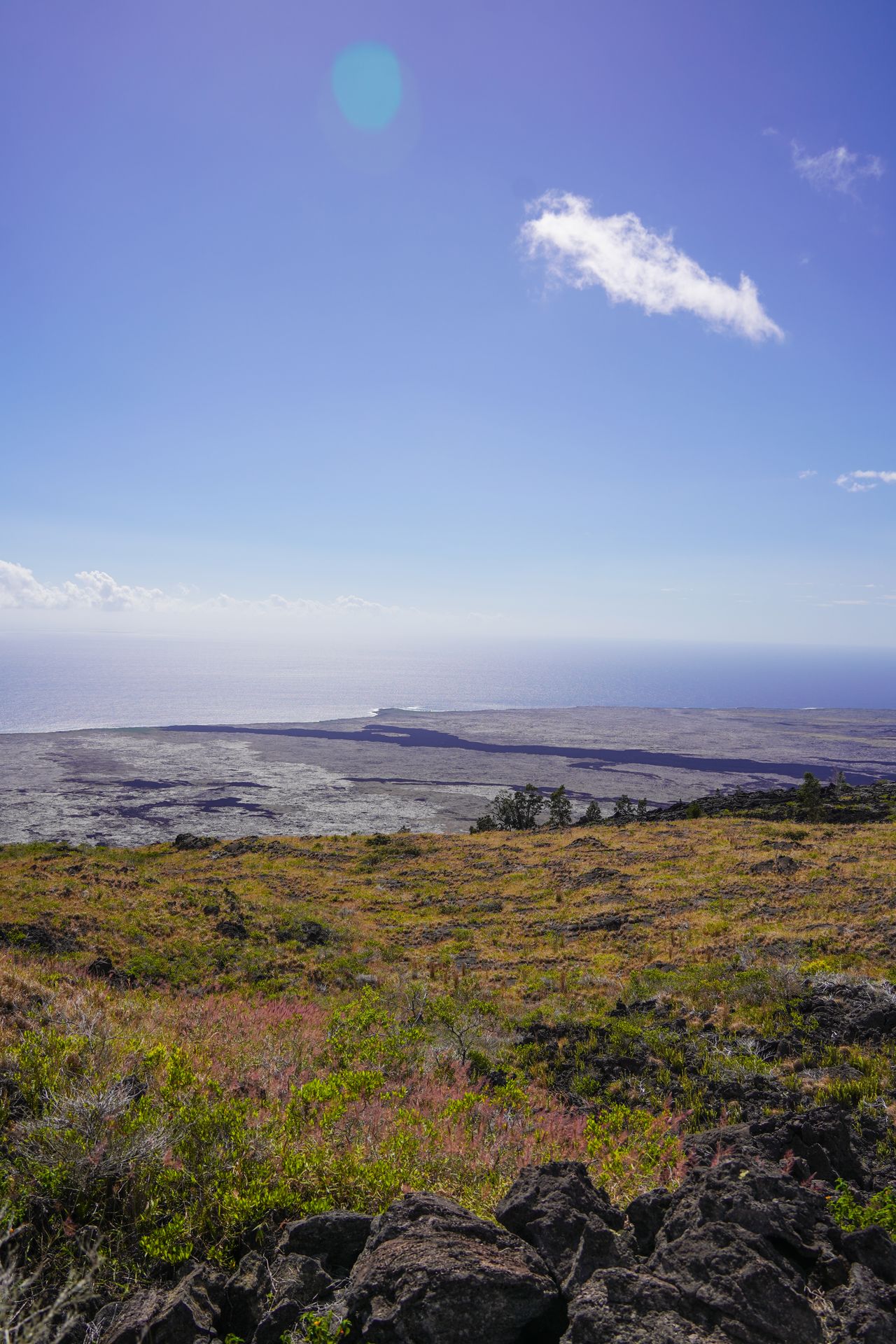 A view of a former lava flow, shrubbery and the ocean in the distance