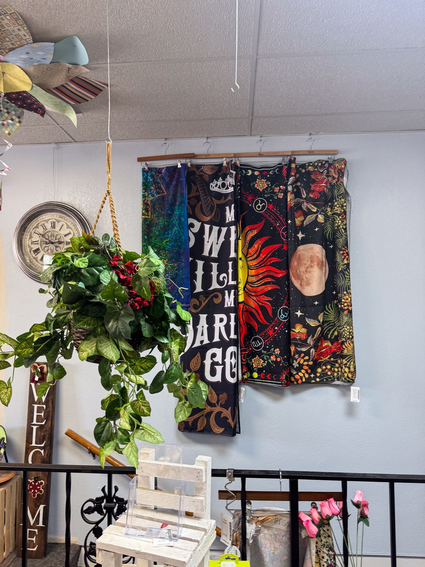 Blankets hanging from a wall, and a hanging plant, inside of V'z Oddz and Endz LLC
